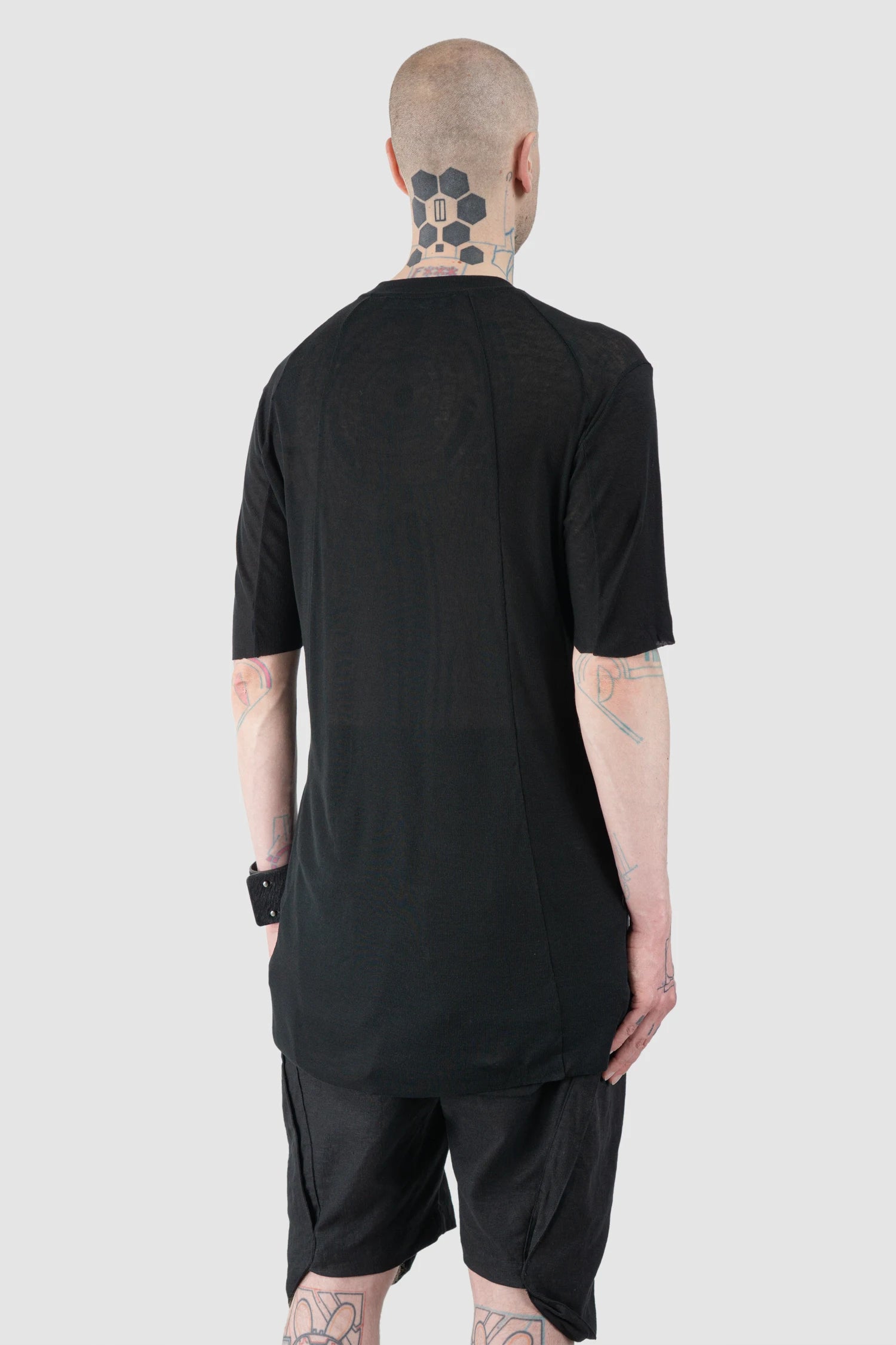 Gall Laboratories by Justin Gall - Men’s Black Linen Blend Panel T-Shirt model back side view