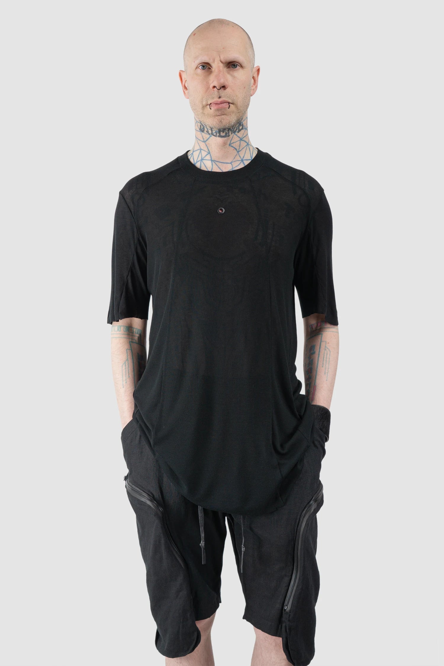 Gall Laboratories by Justin Gall - Men’s Black Linen Blend Panel T-Shirt model relaxed view