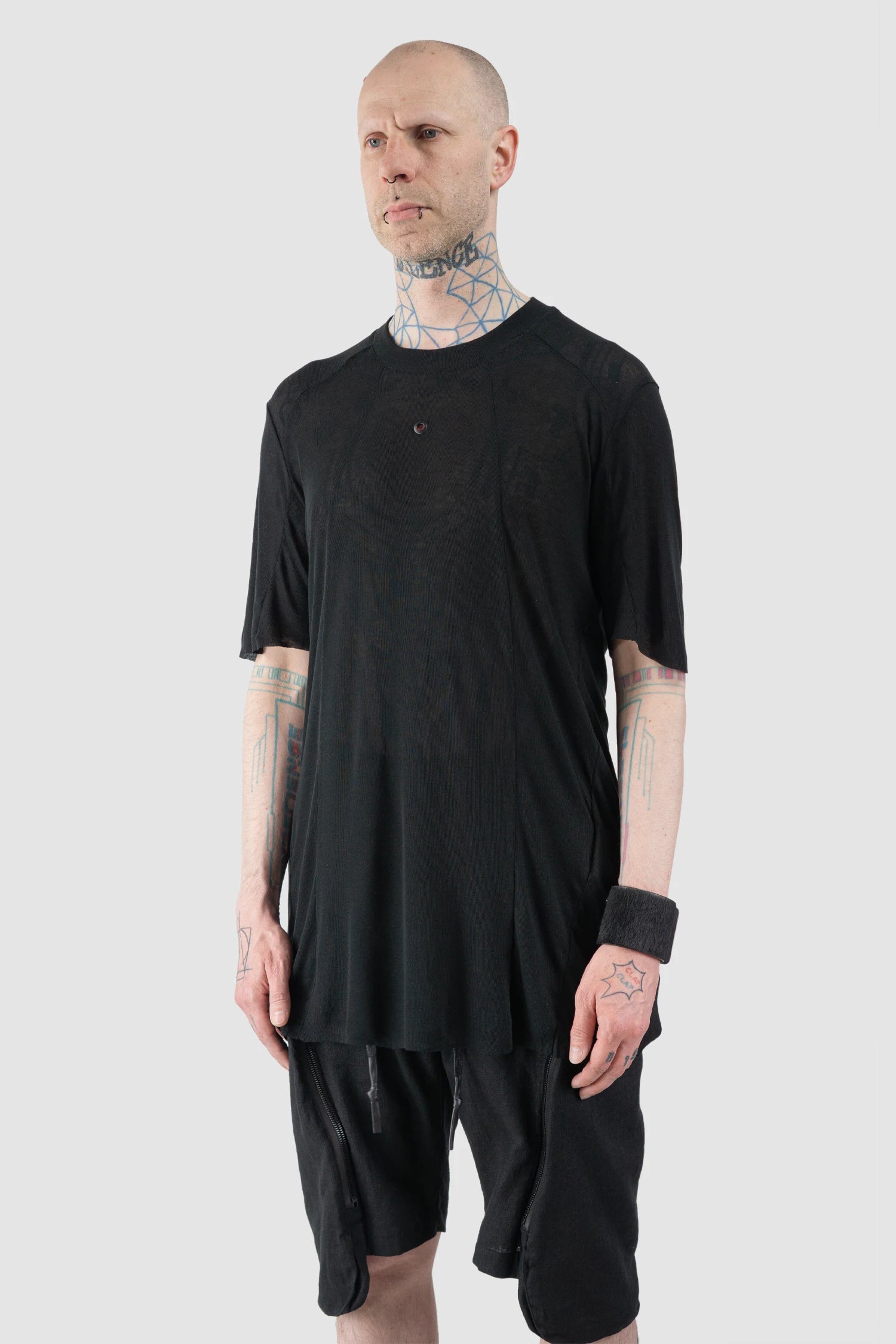 Gall Laboratories by Justin Gall - Men’s Black Linen Blend Panel T-Shirt model side view