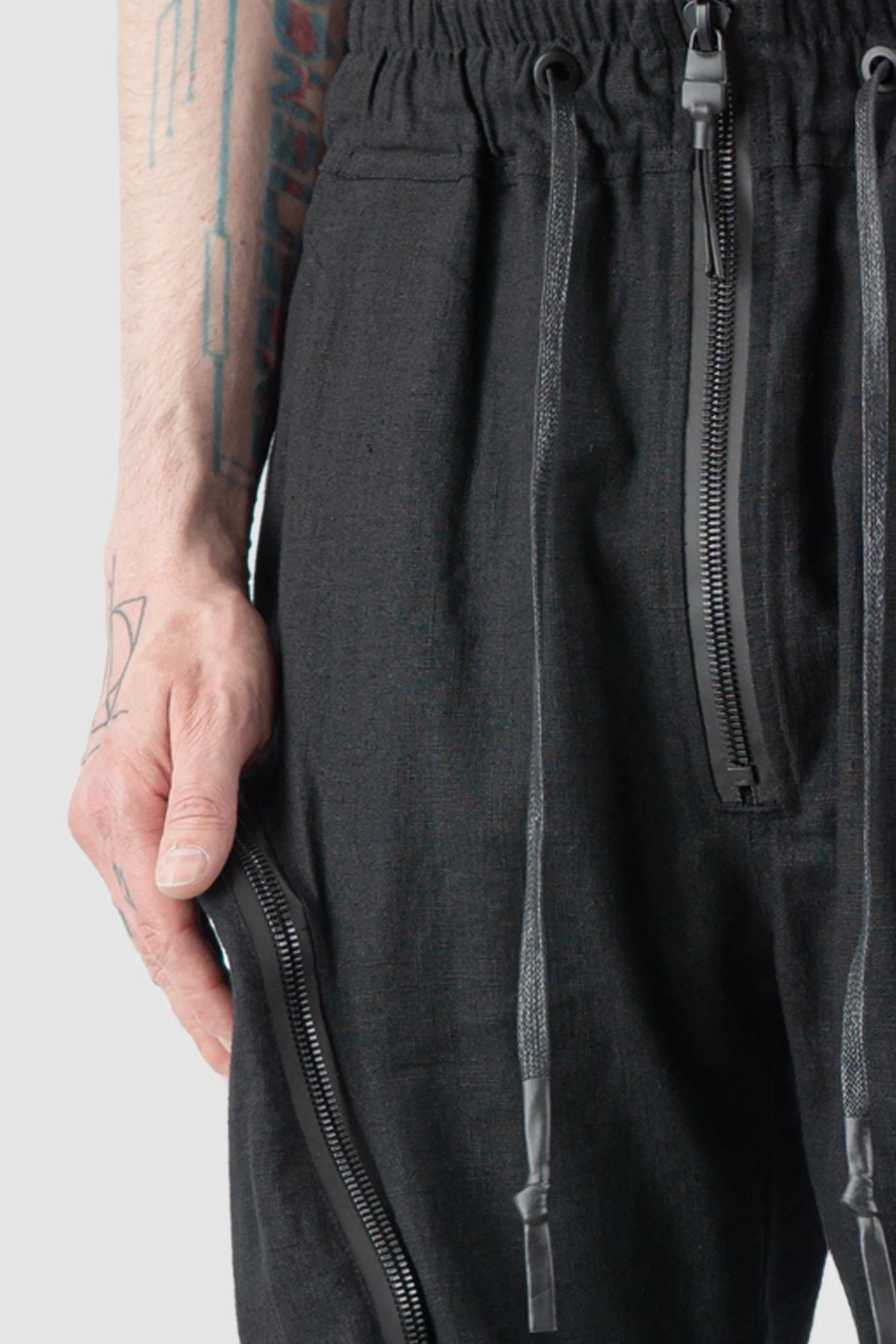 Gall Laboratories by Justin Gall - Men’s Black Tactical Linen Cargo Shorts model front detail view