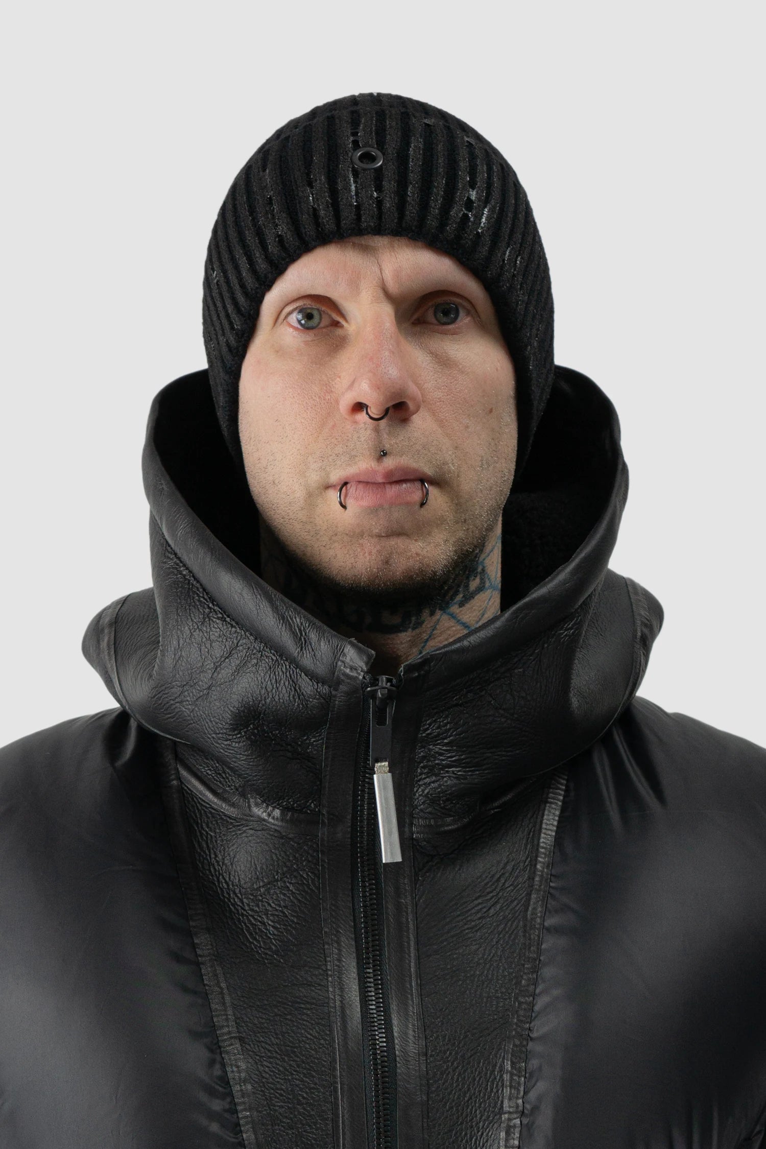 Gall Laboratories by Justin Gall - model front view of men’s Black Tar-Coated Cotton Nylon Knit Beanie