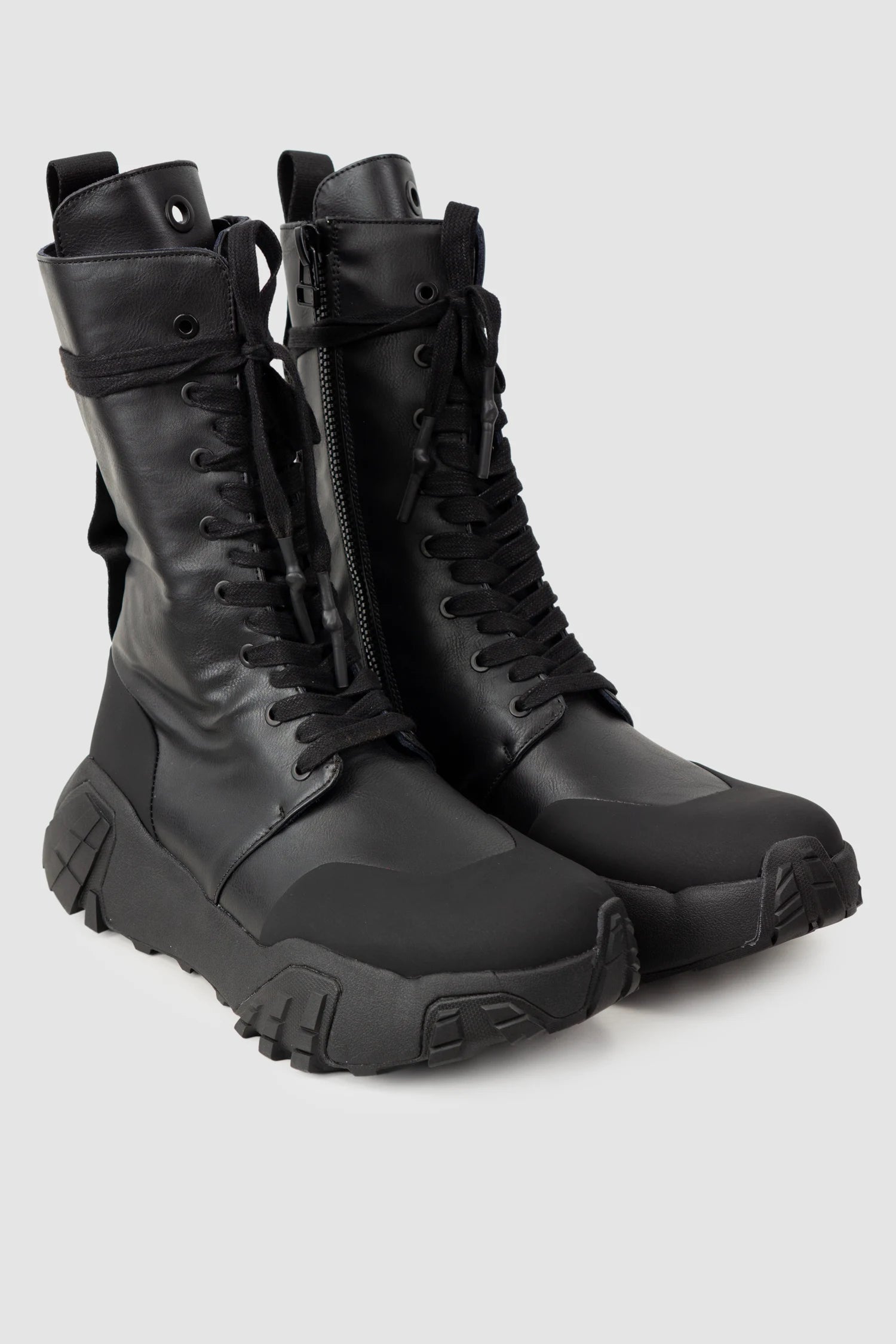 Gall Laboratories by Justin Gall - Men’s Black Vegan High-Zip 15-Eyelet Boots “Mongrel Max” pair left view