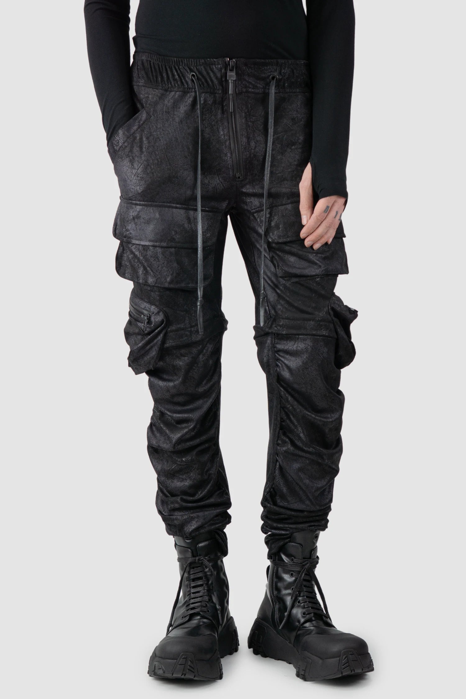 Gall Laboratories by Justin Gall - model front relaxed view of men’s Black Vegan Leather Convertible Cargo Trousers