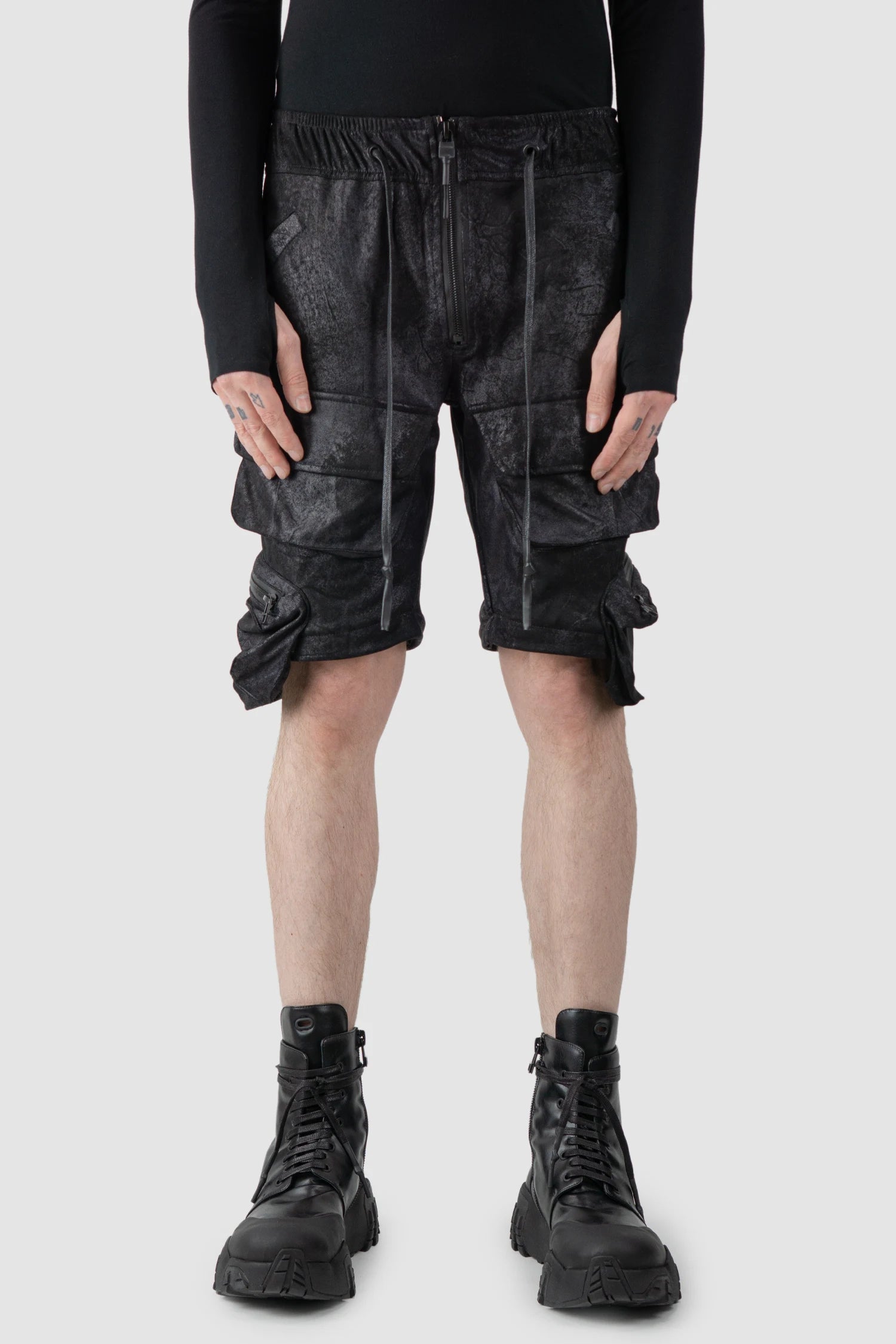 Gall Laboratories by Justin Gall - model front short view of men’s Black Vegan Leather Convertible Cargo Trousers