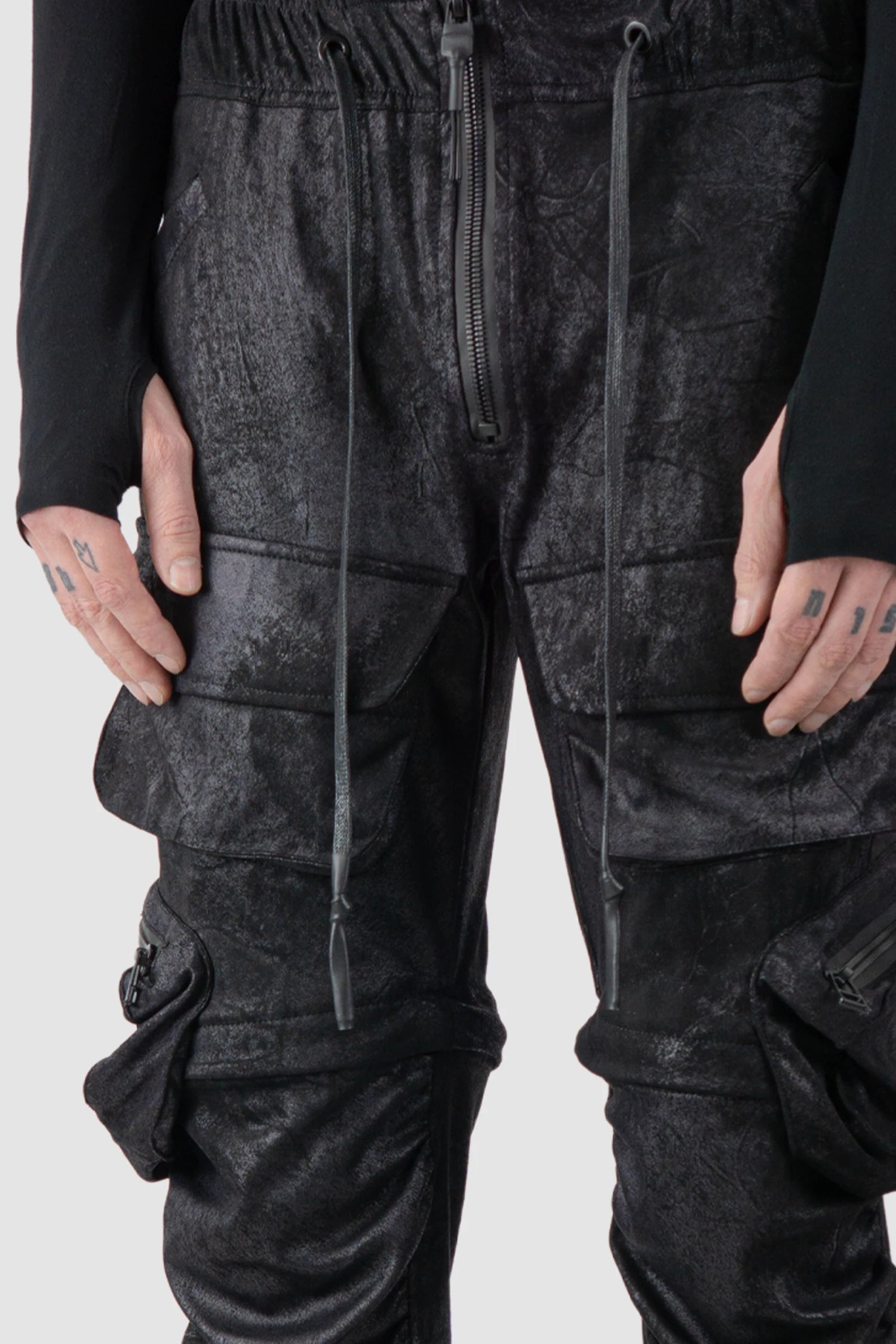 Gall Laboratories by Justin Gall - waist detail view of men’s Black Vegan Leather Convertible Cargo Trousers