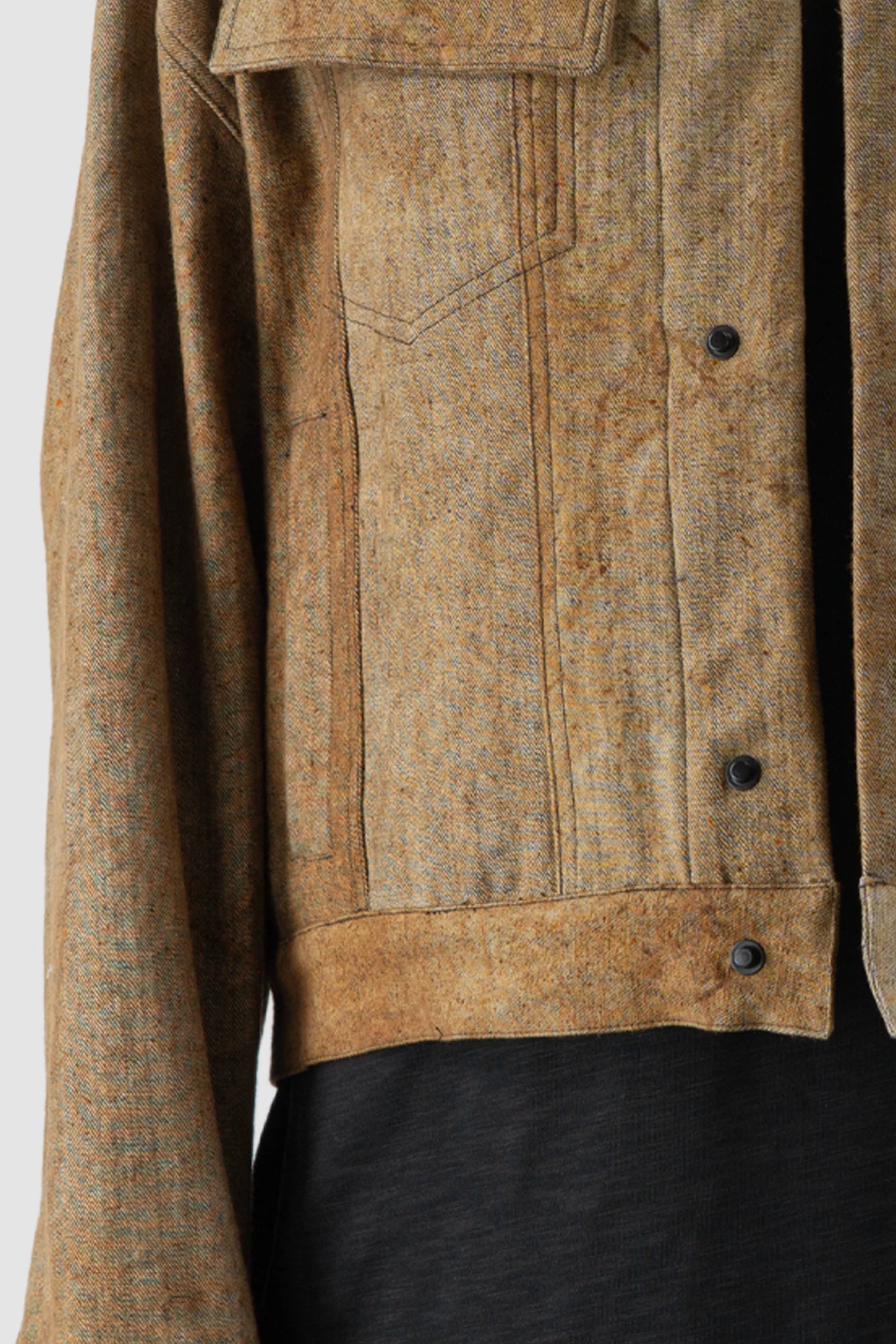 Gall Laboratories by Justin Gall - button detail view of men’s Brown Rusted Cotton Denim Worker Jacket