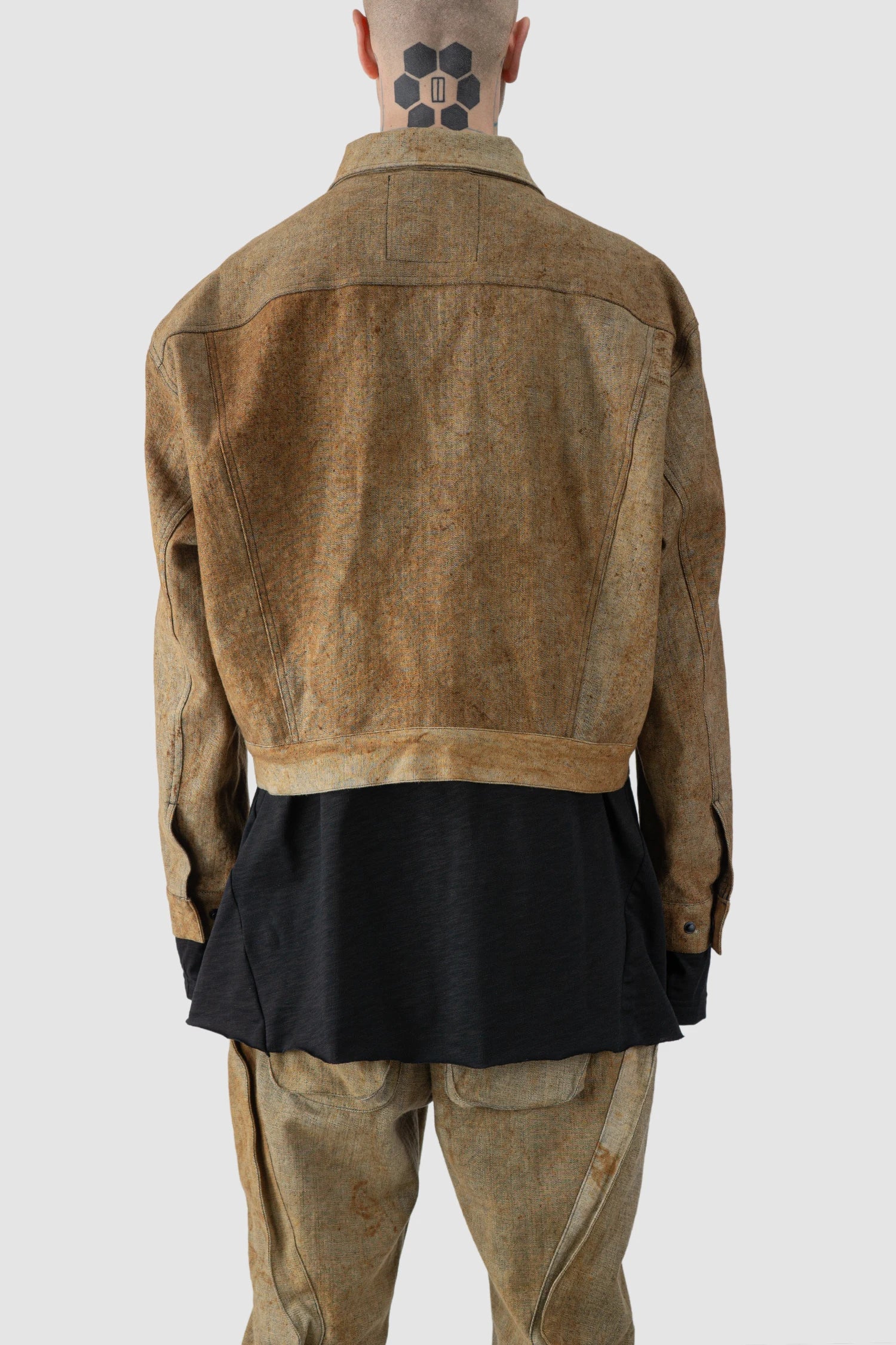 Gall Laboratories by Justin Gall - model back view of men’s Brown Rusted Cotton Denim Worker Jacket