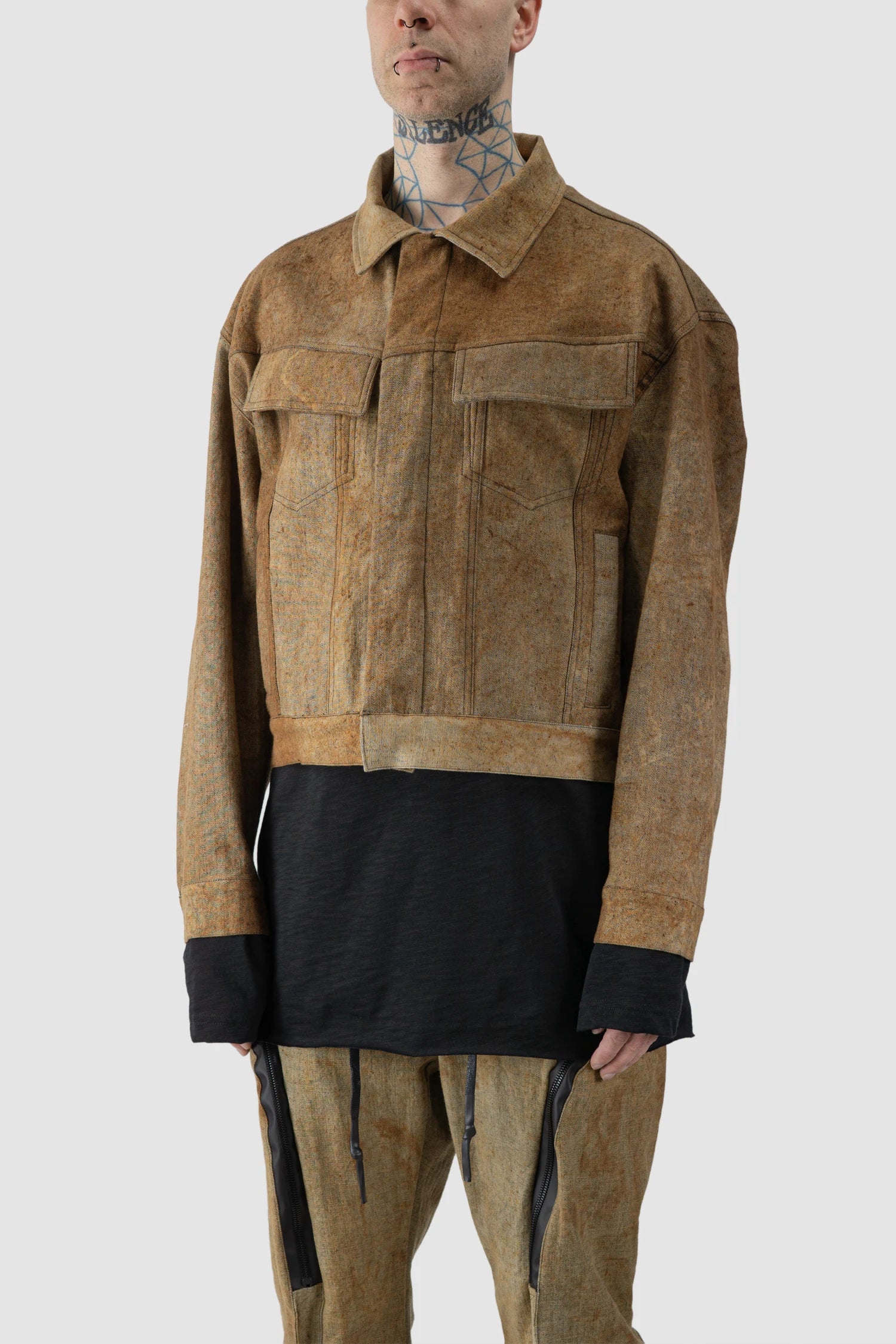 Gall Laboratories by Justin Gall - model front side view of men’s Brown Rusted Cotton Denim Worker Jacket