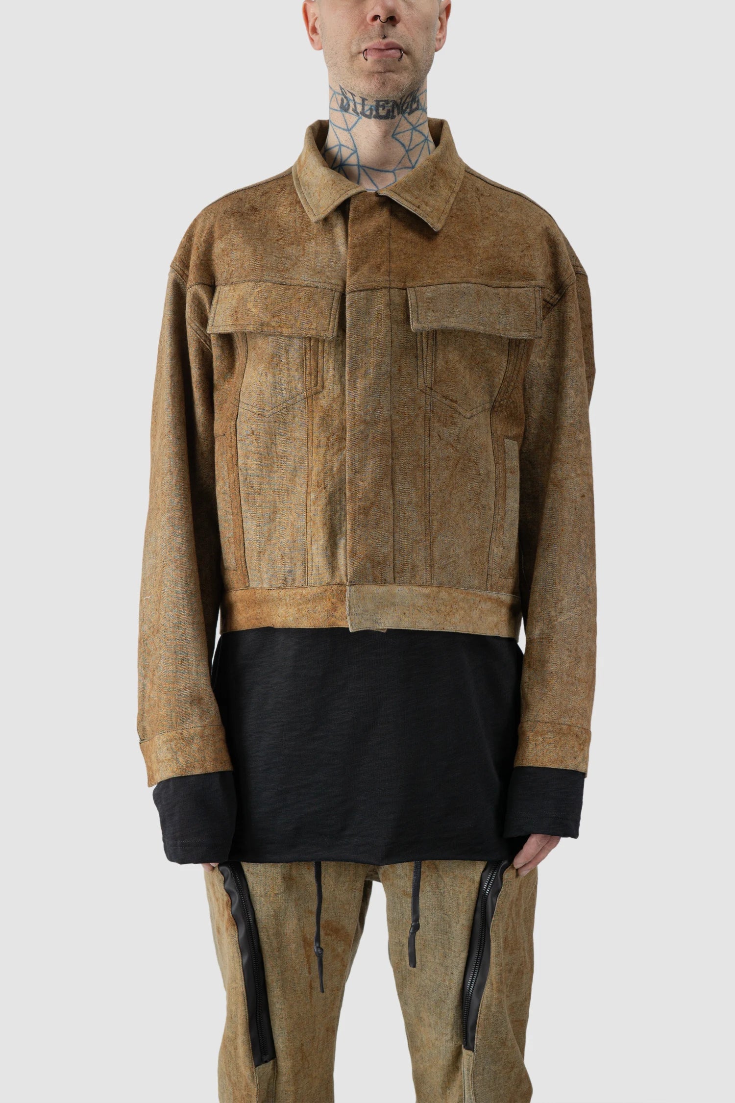 Gall Laboratories by Justin Gall - model front view of men’s Brown Rusted Cotton Denim Worker Jacket