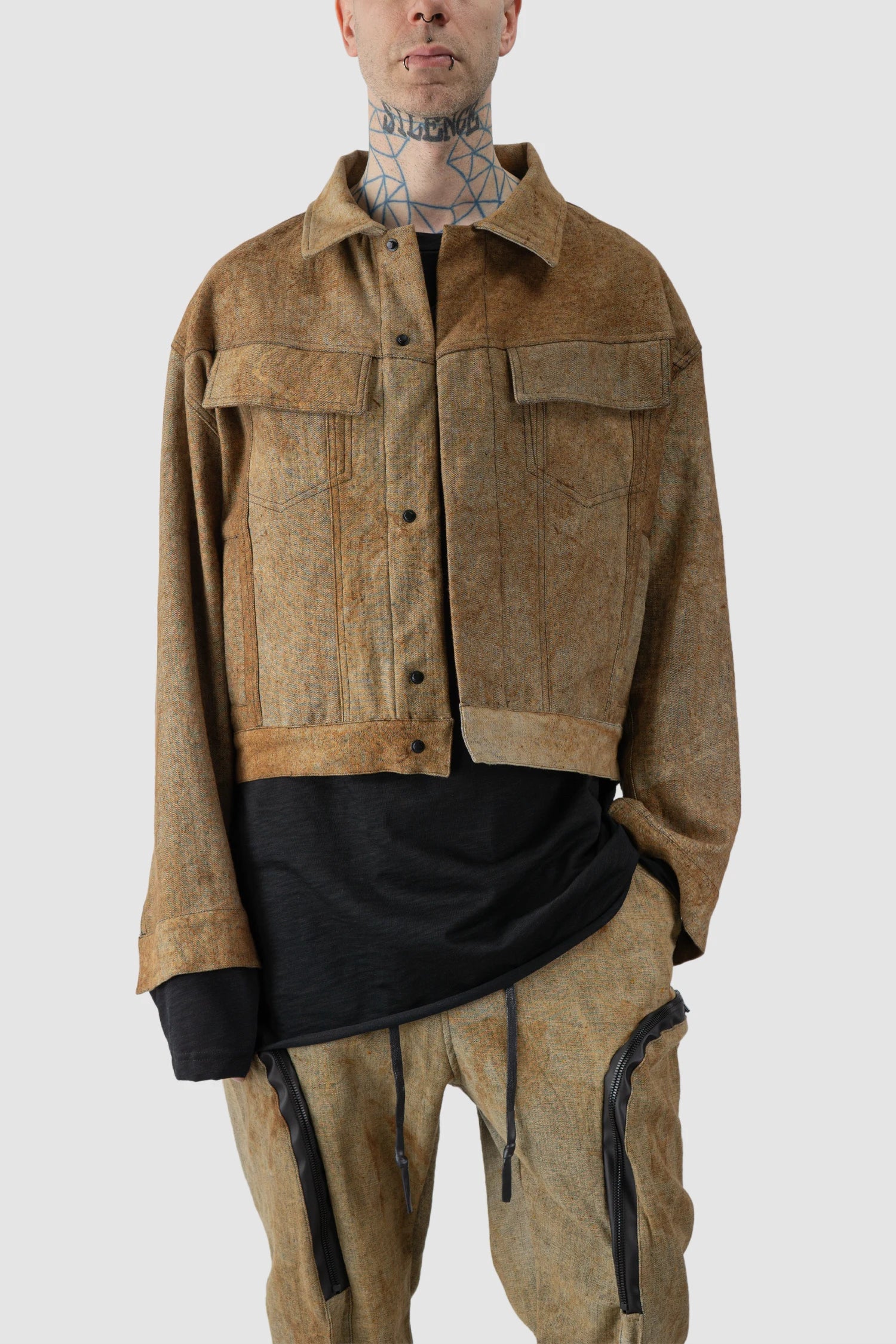 Gall Laboratories by Justin Gall - model front relaxed view of men’s Brown Rusted Cotton Denim Worker Jacket