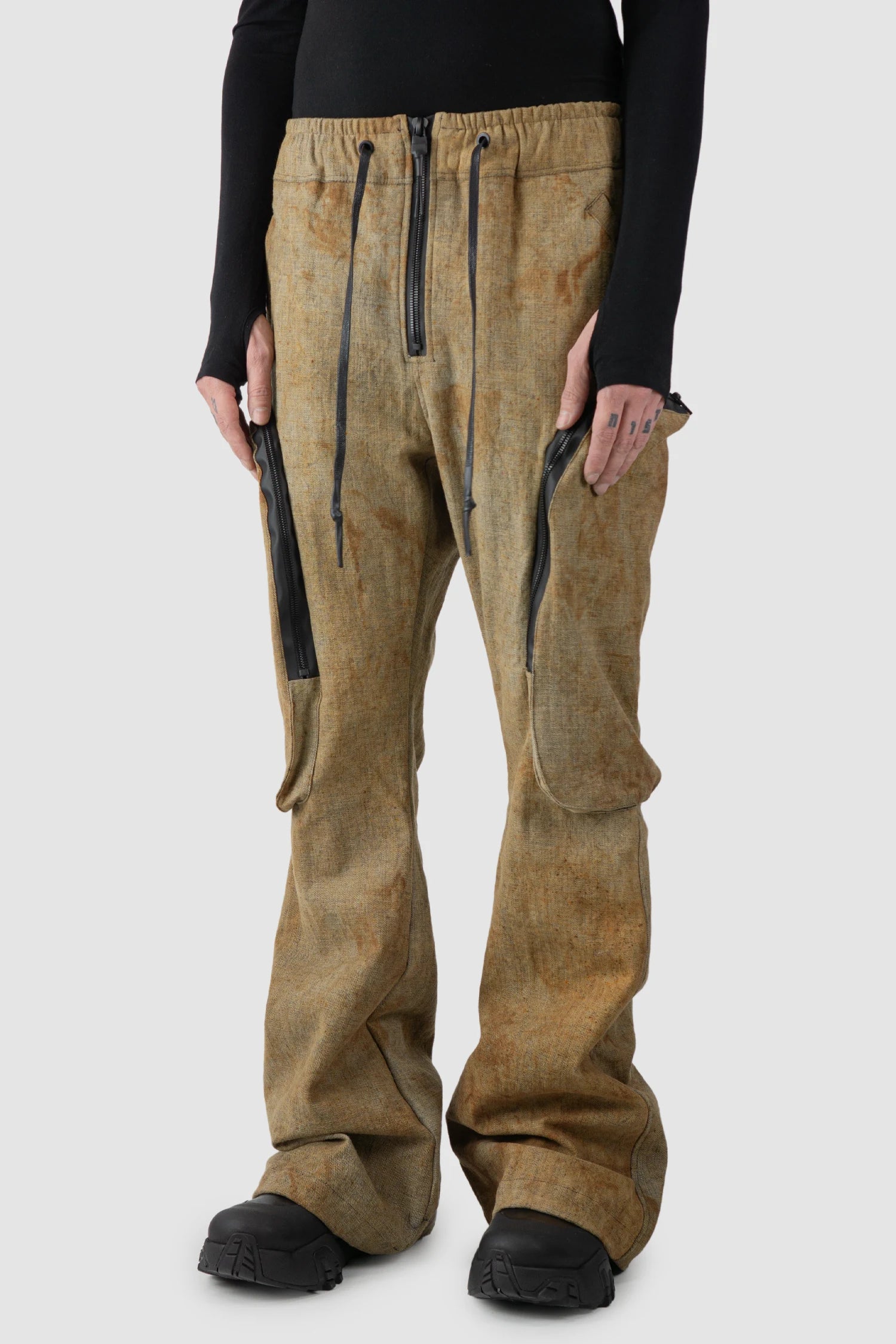 Gall Laboratories by Justin Gall - model front side view of men’s Brown Rusted Denim Flared Cargo Trousers