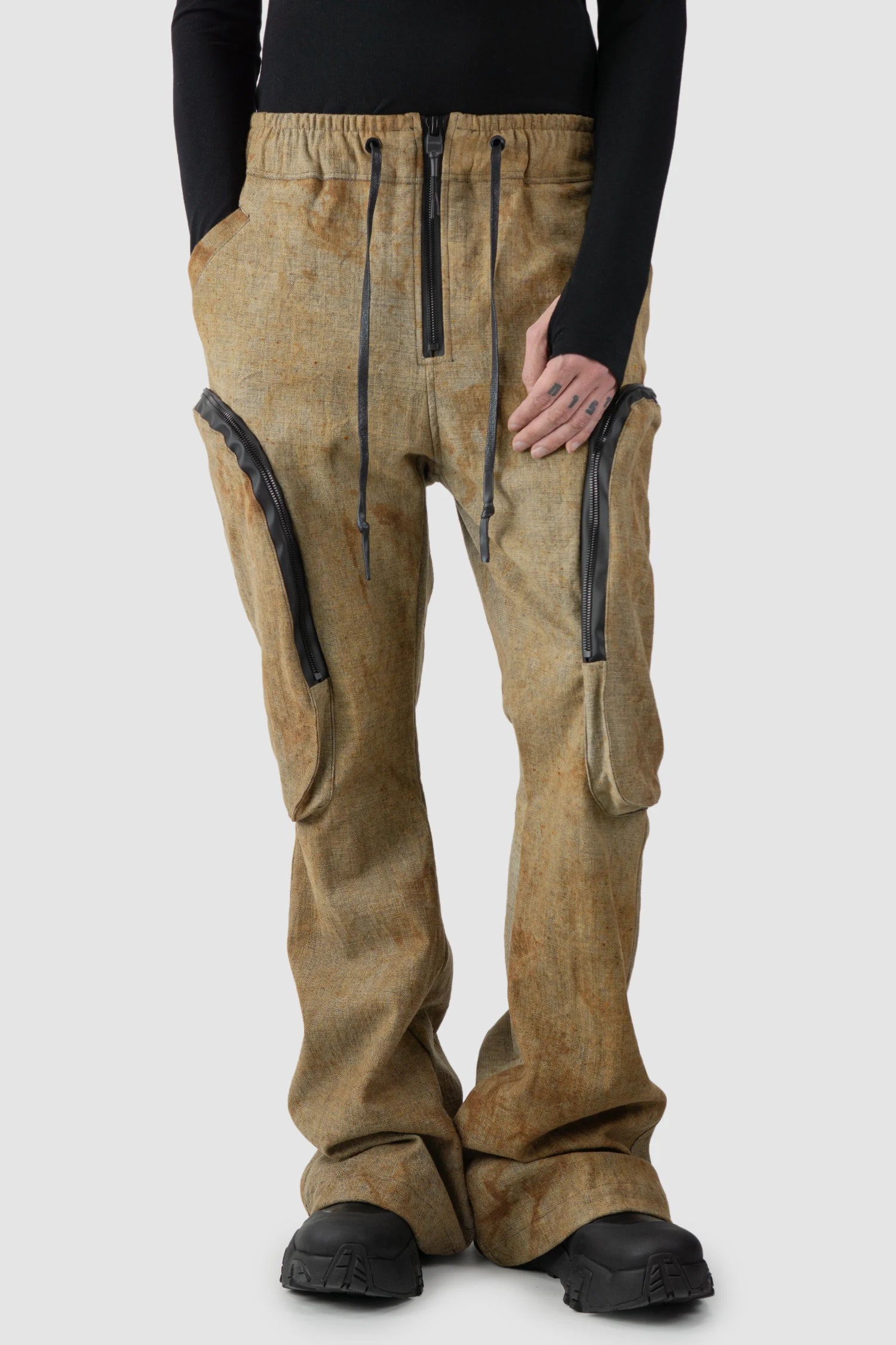 Gall Laboratories by Justin Gall - model front relaxed view of men’s Brown Rusted Denim Flared Cargo Trousers