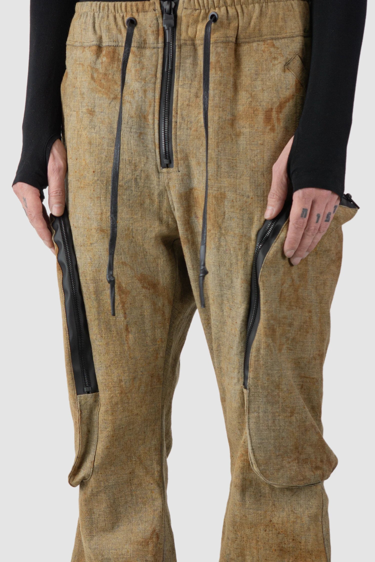 Gall Laboratories by Justin Gall - waist detaol view of men’s Brown Rusted Denim Flared Cargo Trousers