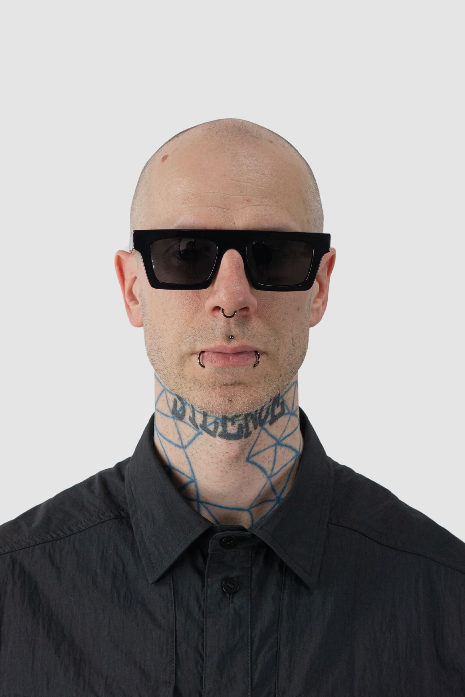 Gall Laboratories by Justin Gall - Model front view of black Acetate Straight Brim Aviator Sunglasses