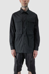 Gall Laboratories by Justin Gall - front closed view of black Cracked Cotton Long Sleeve Cargo Shirt