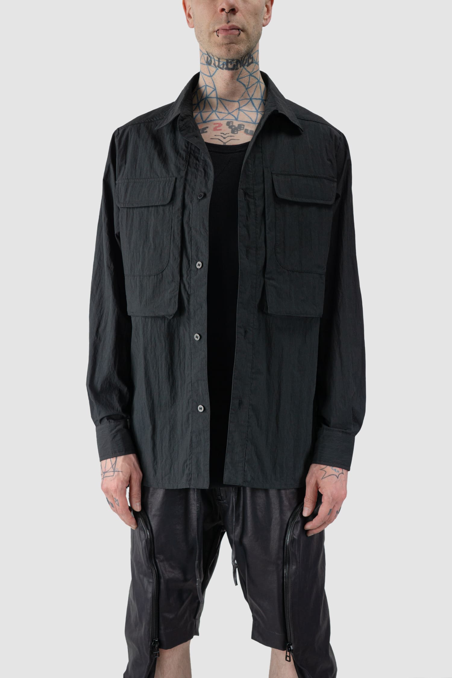 Gall Laboratories by Justin Gall - front view of black Cracked Cotton Long Sleeve Cargo Shirt