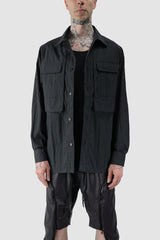Gall Laboratories by Justin Gall - front view of black Cracked Cotton Long Sleeve Cargo Shirt