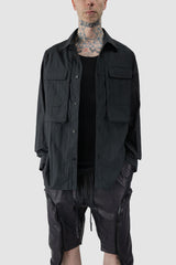 Gall Laboratories by Justin Gall - front relaxed view of black Cracked Cotton Long Sleeve Cargo Shirt