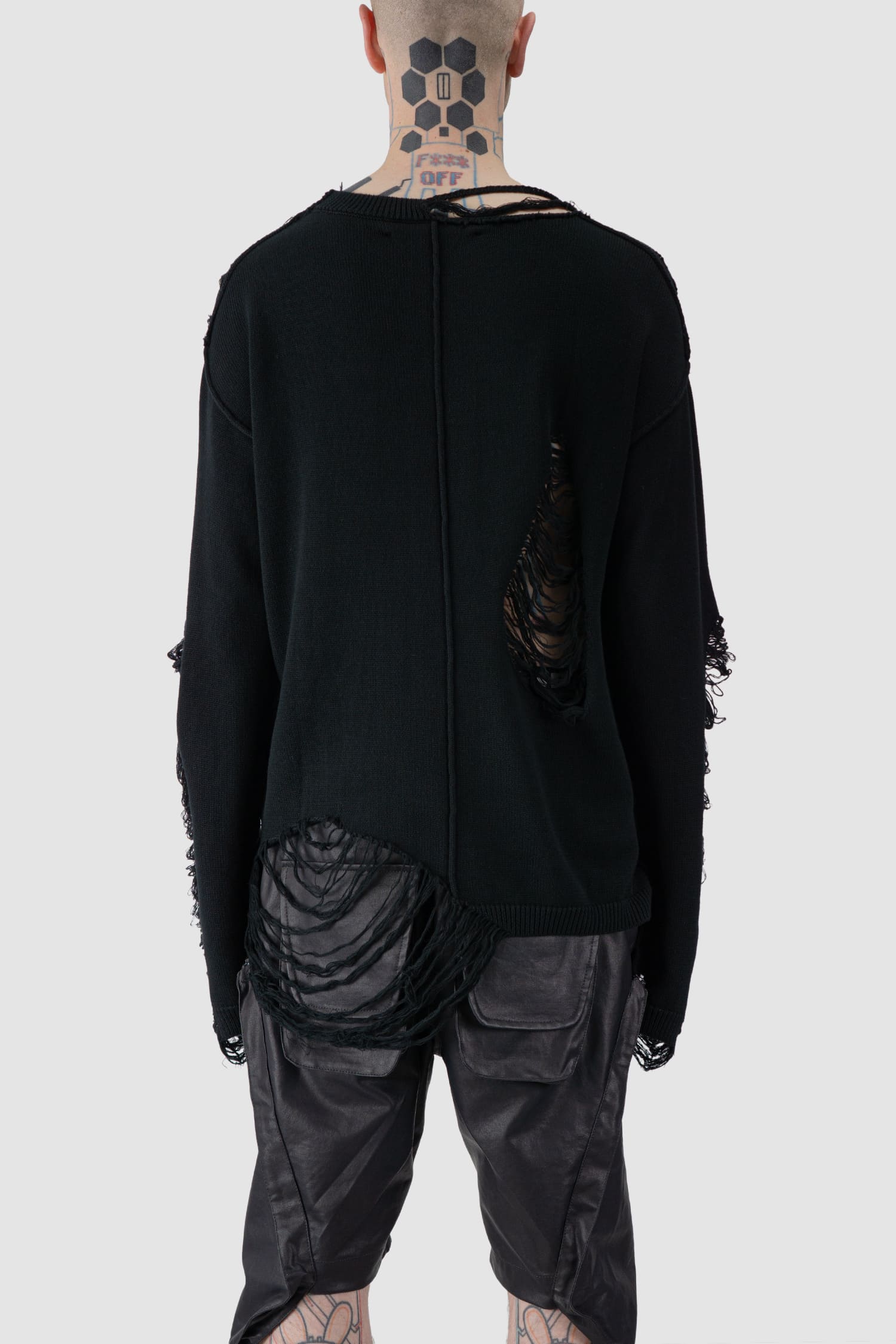 Gall Laboratories by Justin Gall - back view of black Destroyed Knit Oversized Crewneck Sweater