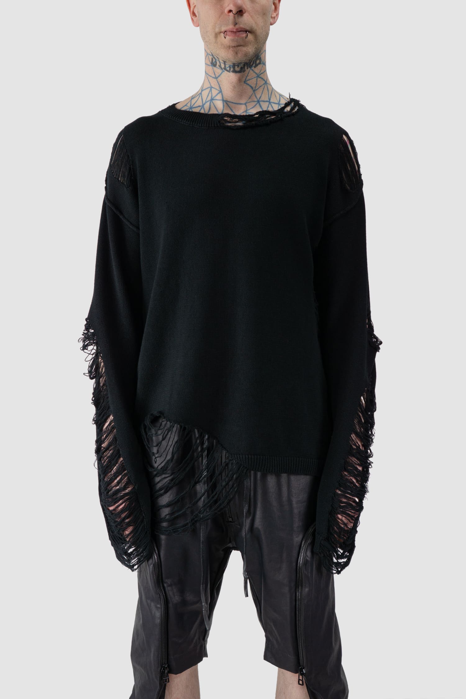 Gall Laboratories by Justin Gall - front view of black Destroyed Knit Oversized Crewneck Sweater