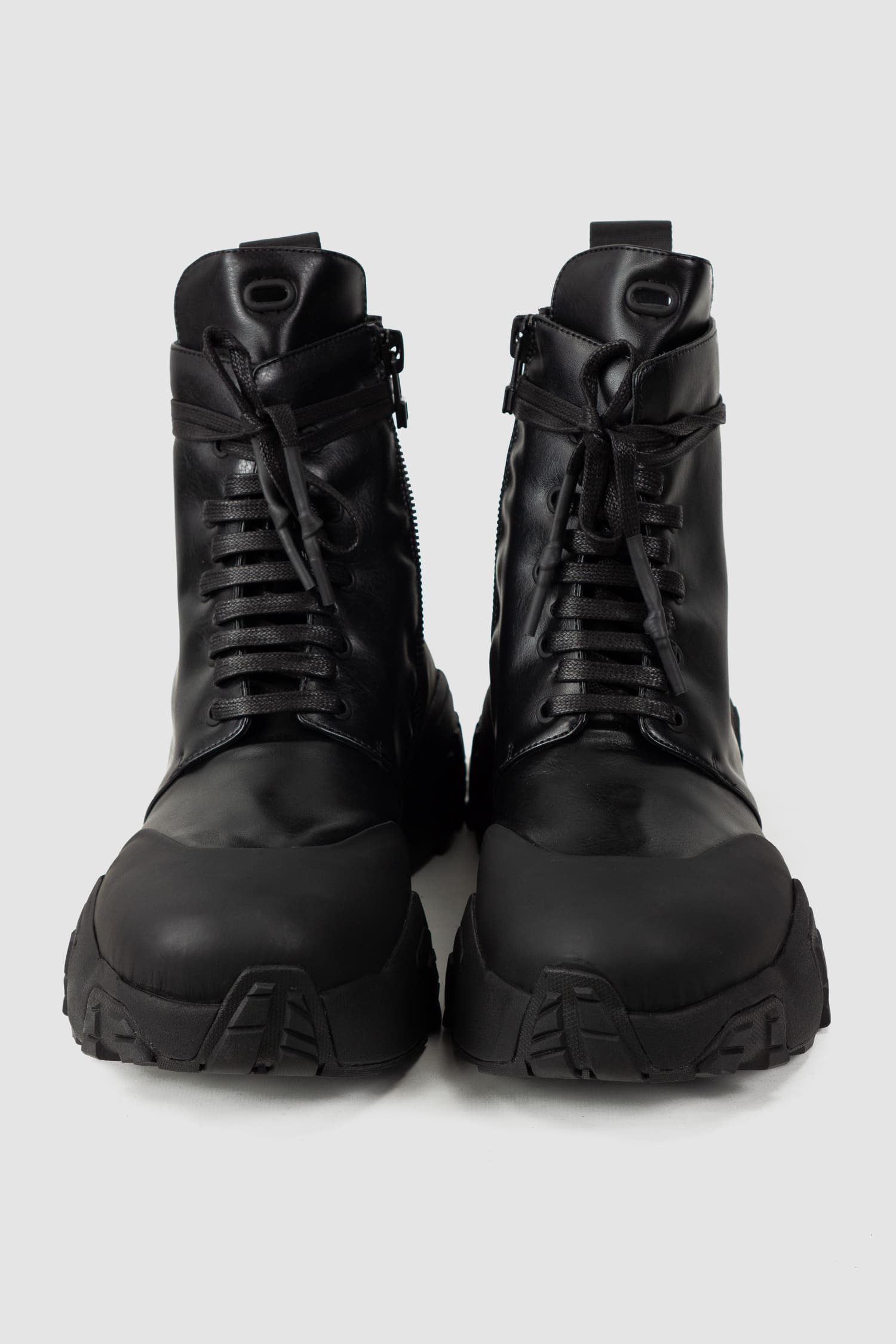 Gall Laboratories by Justin Gall - front view of black Mongrel Geo-Zip Vegan Ankle Boots