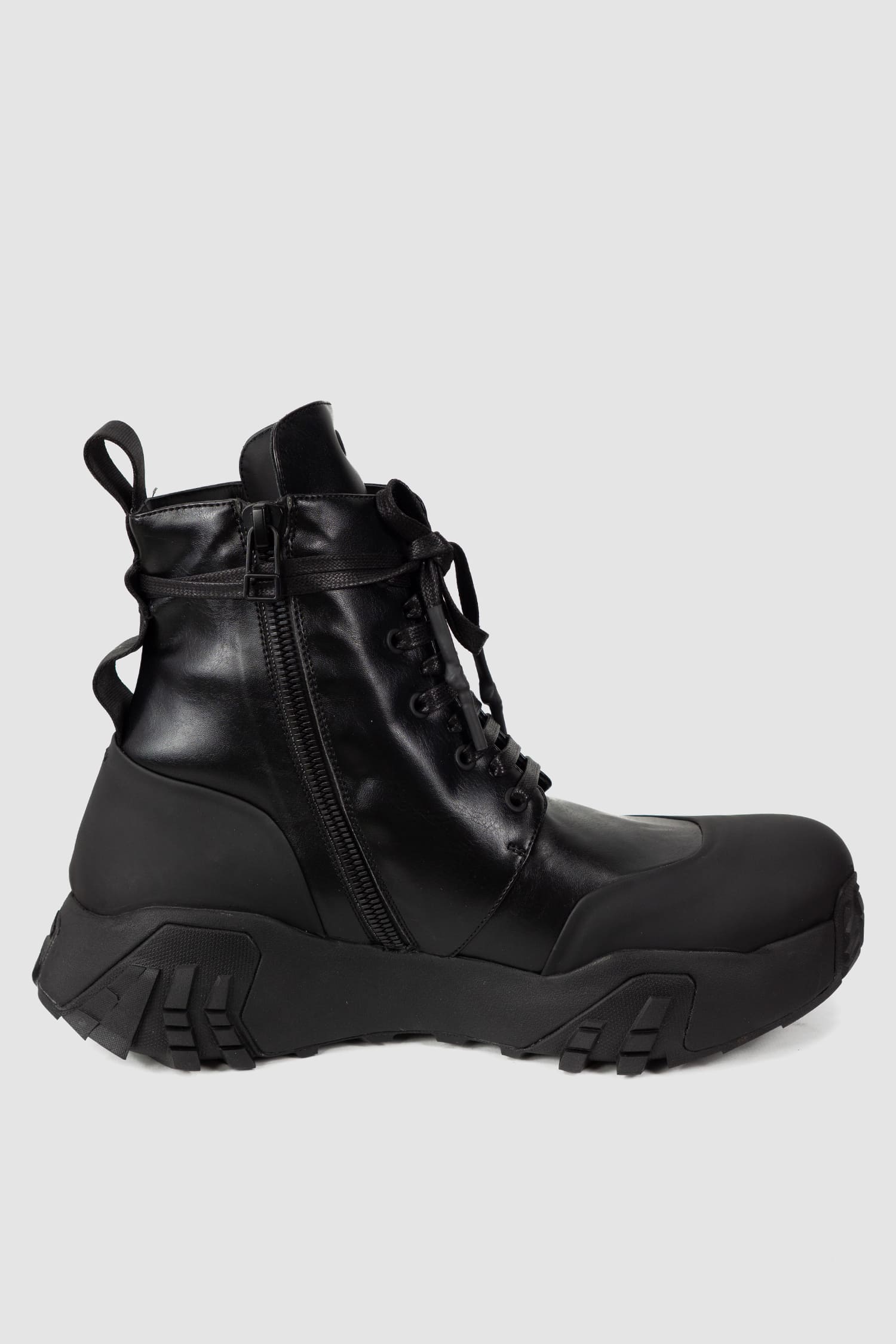 Gall Laboratories by Justin Gall - left piece inside view of black Mongrel Geo-Zip Vegan Ankle Boots