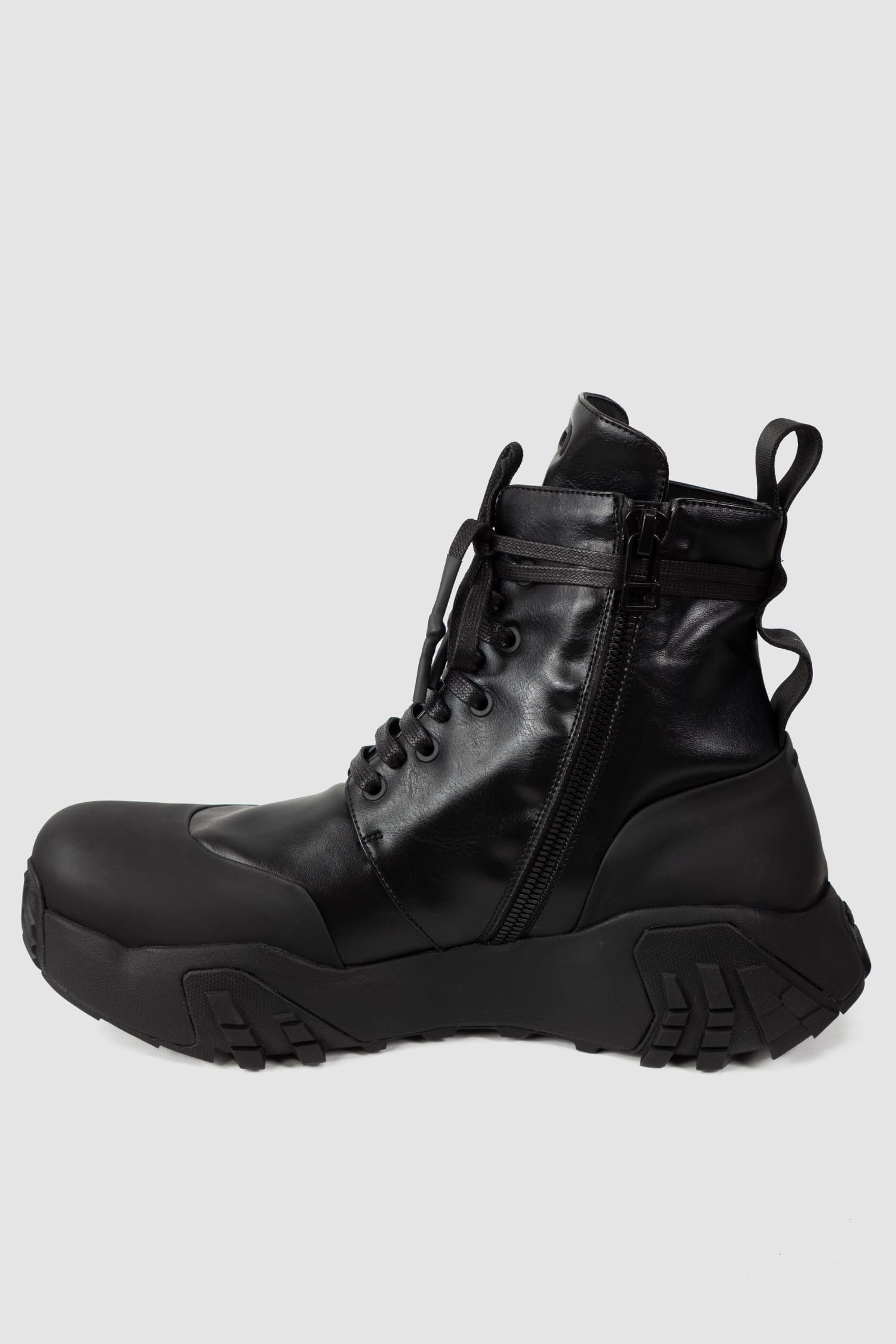 Gall Laboratories by Justin Gall - right piece inside view of black Mongrel Geo-Zip Vegan Ankle Boots