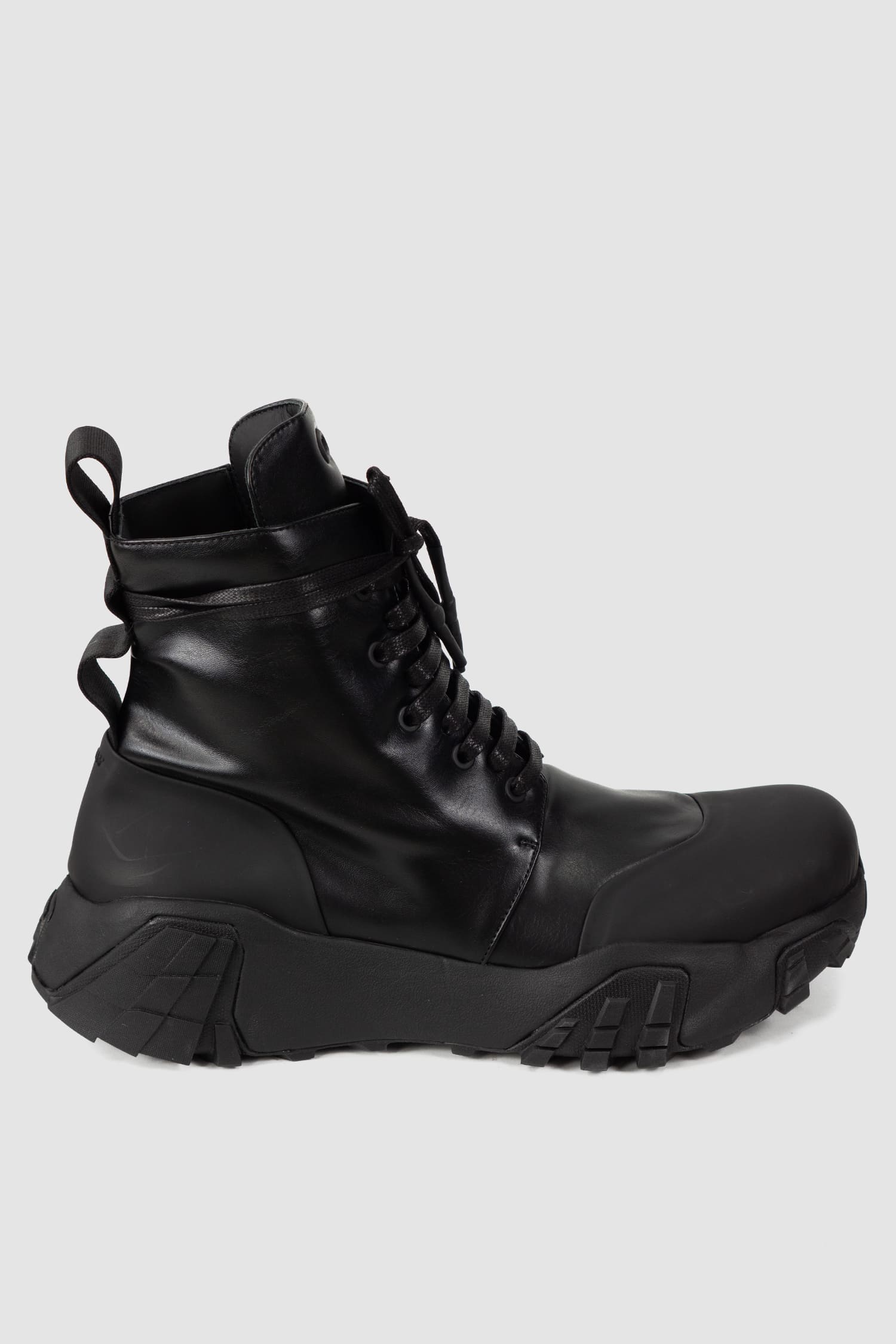 Gall Laboratories by Justin Gall - right piece outside view of black Mongrel Geo-Zip Vegan Ankle Boots