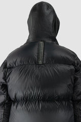 Isaac Sellam - back detail view of men’s Black Hooded Cropped Shearling and Down Puffer Jacket