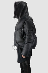 Isaac Sellam - hooded side detail view of men’s Black Hooded Cropped Shearling and Down Puffer Jacket