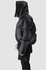 Isaac Sellam - hooded side tight view of men’s Black Hooded Cropped Shearling and Down Puffer Jacket