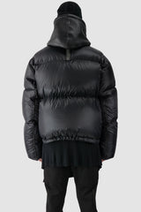 Isaac Sellam - model back view of men’s Black Hooded Cropped Shearling and Down Puffer Jacket