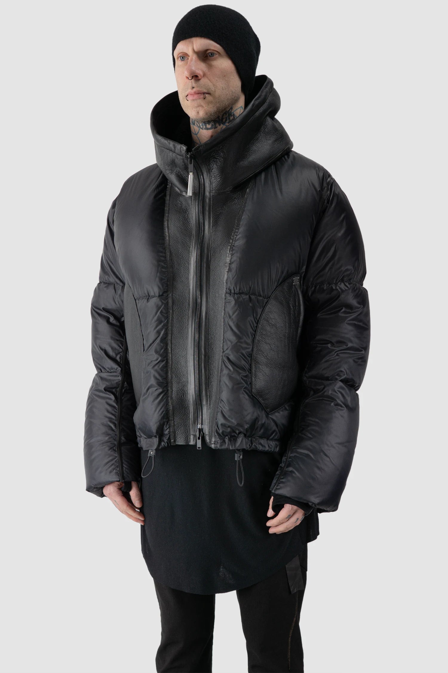 Isaac Sellam - model front side view of men’s Black Hooded Cropped Shearling and Down Puffer Jacket