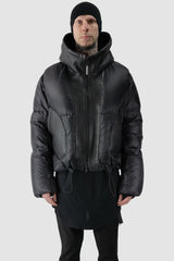 Isaac Sellam - model front tight hem view of men’s Black Hooded Cropped Shearling and Down Puffer Jacket