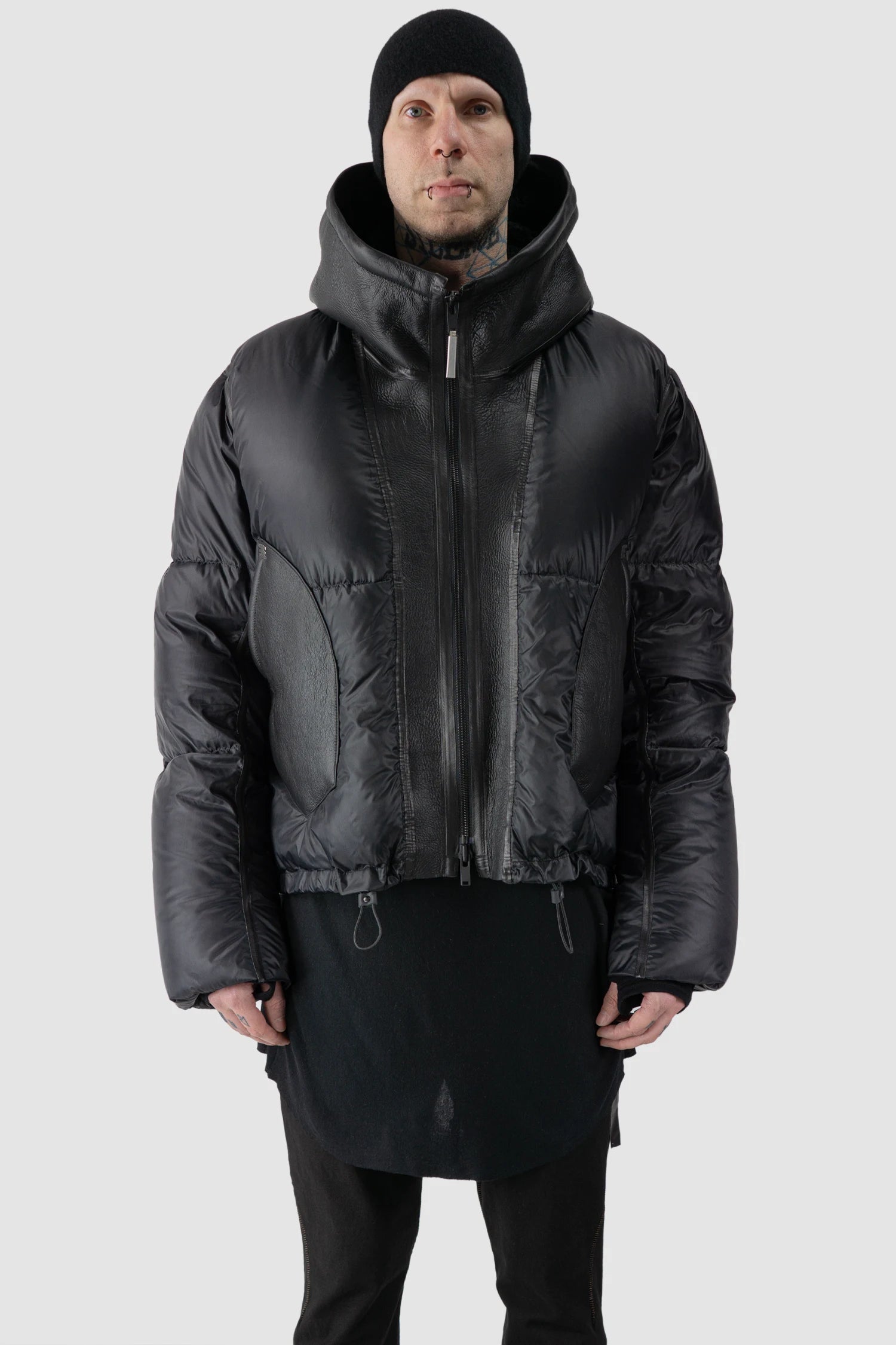 Isaac Sellam - model front view of men’s Black Hooded Cropped Shearling and Down Puffer Jacket