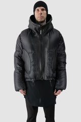 Isaac Sellam - model front view of men’s Black Hooded Cropped Shearling and Down Puffer Jacket