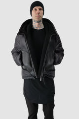 Isaac Sellam - model front relaxed view of men’s Black Hooded Cropped Shearling and Down Puffer Jacket