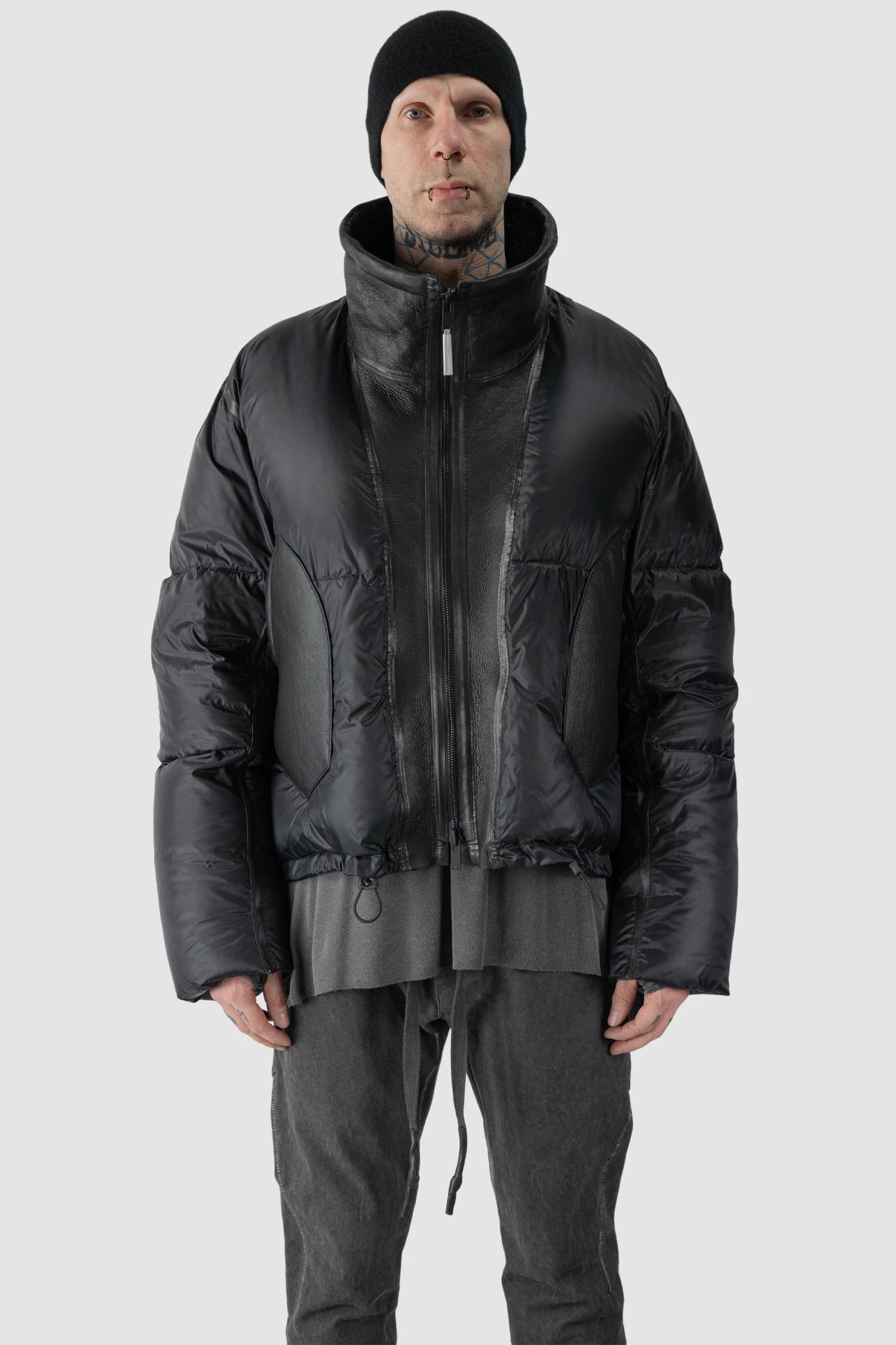 Isaac Sellam - model front view of men’s Black Shearling Leather and Down Cropped Puffer Jacket
