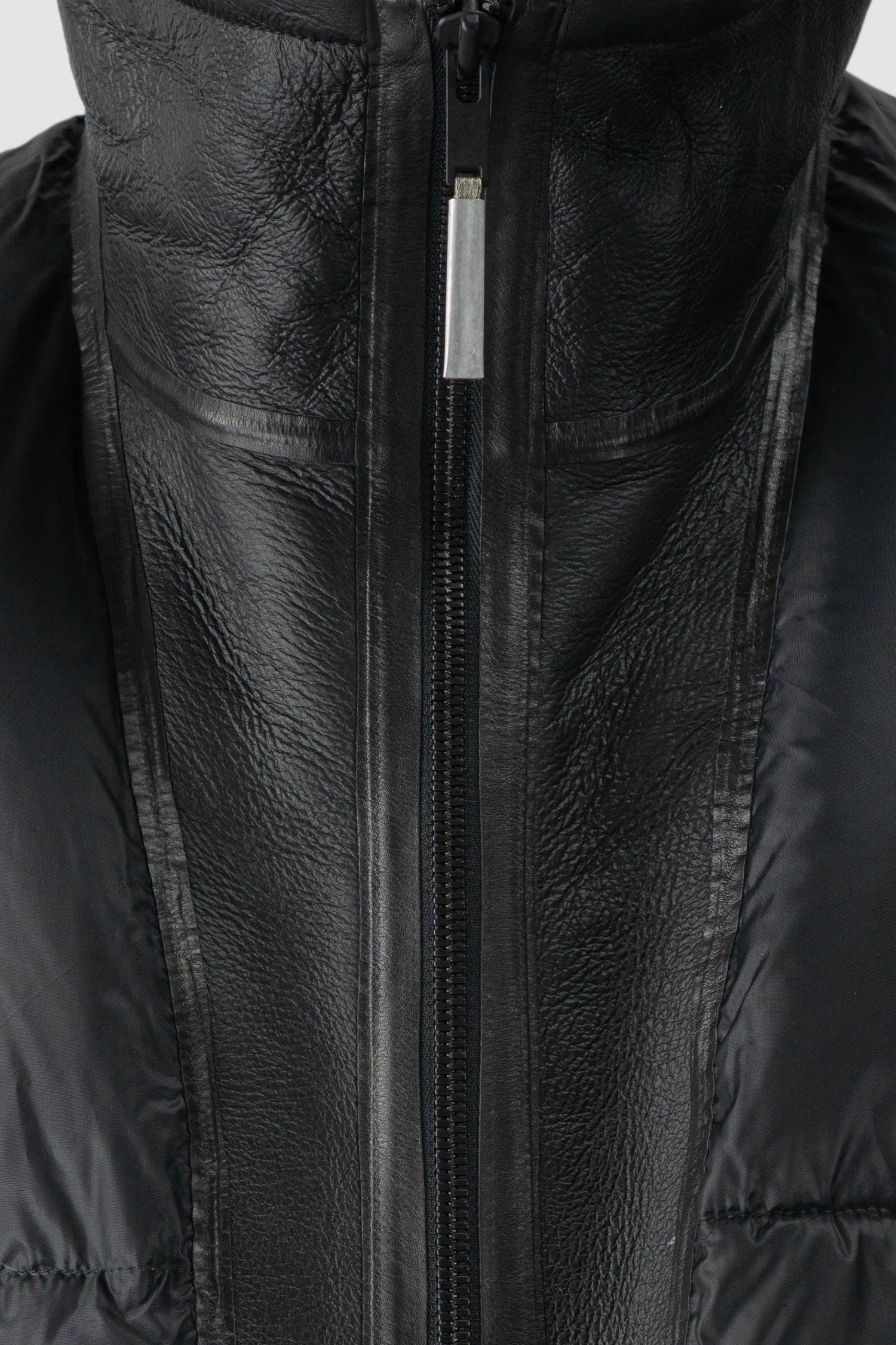 Isaac Sellam - zipper detail view of men’s Black Shearling Leather and Down Cropped Puffer Jacket