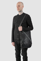 Isaac Sellam Experience - Nomade Men’s Black Asymmetric Lamb Leather Crossbody Bag model shoulder view