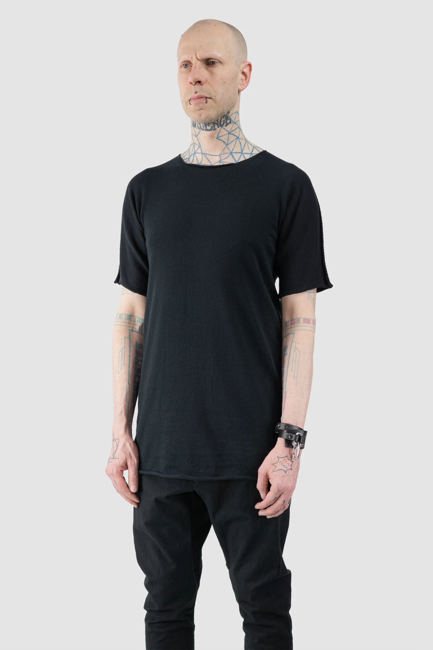 Isaac Sellam - Men’s Black Reversible Knitted Spine T-Shirt model side view