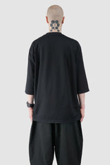 Joe Chia - Men’s Black 3/4 Sleeve Relaxed Cotton T-Shirt model back view