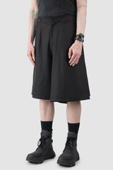 Joe Chia - Men’s Black Wool Linen Skirt Panel Wide Shorts model side normal view