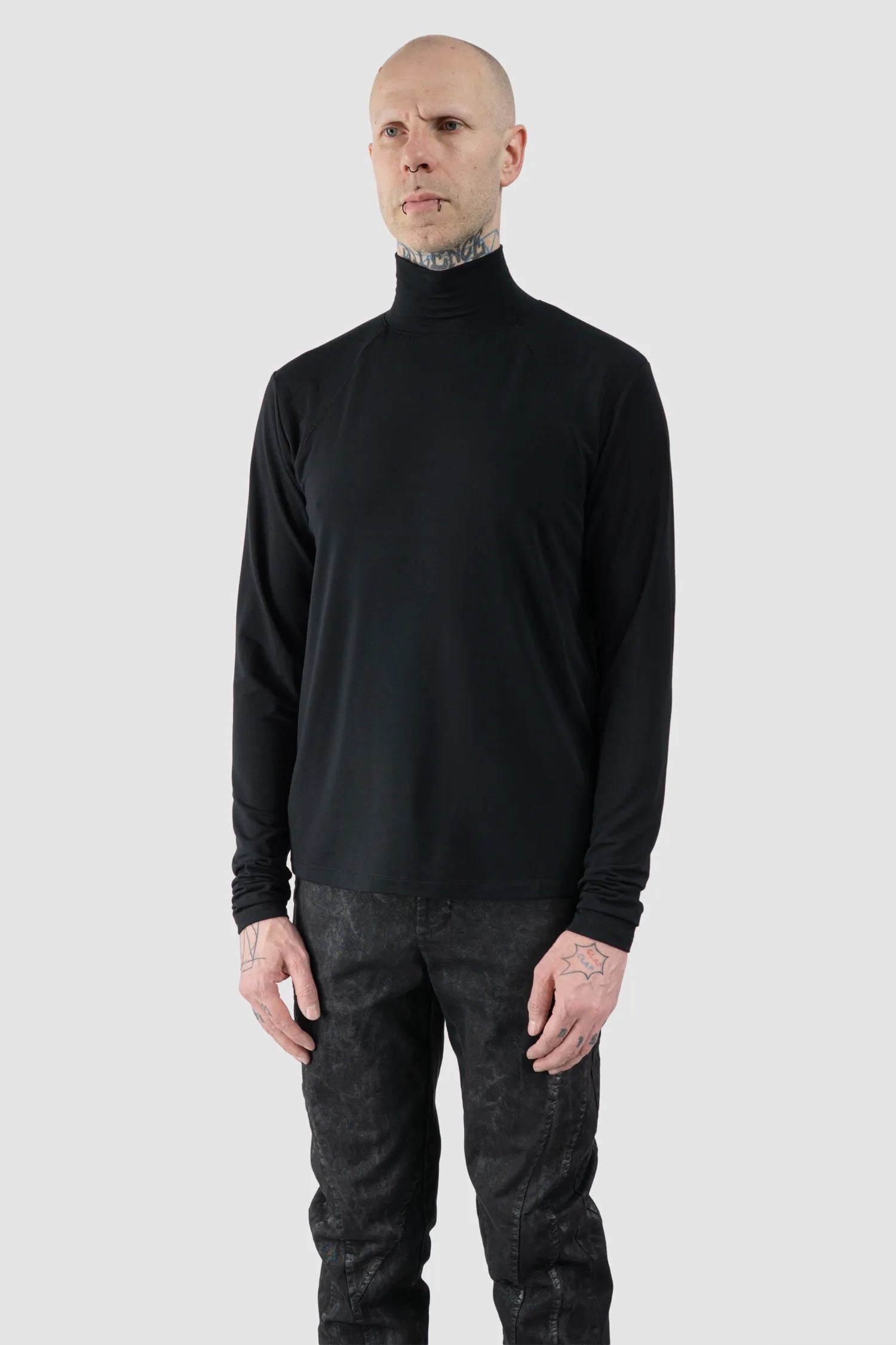 La Haine Inside Us - Men's Black Bamboo Turtleneck Sweater - model front side view - MONO-KROM | Gallery