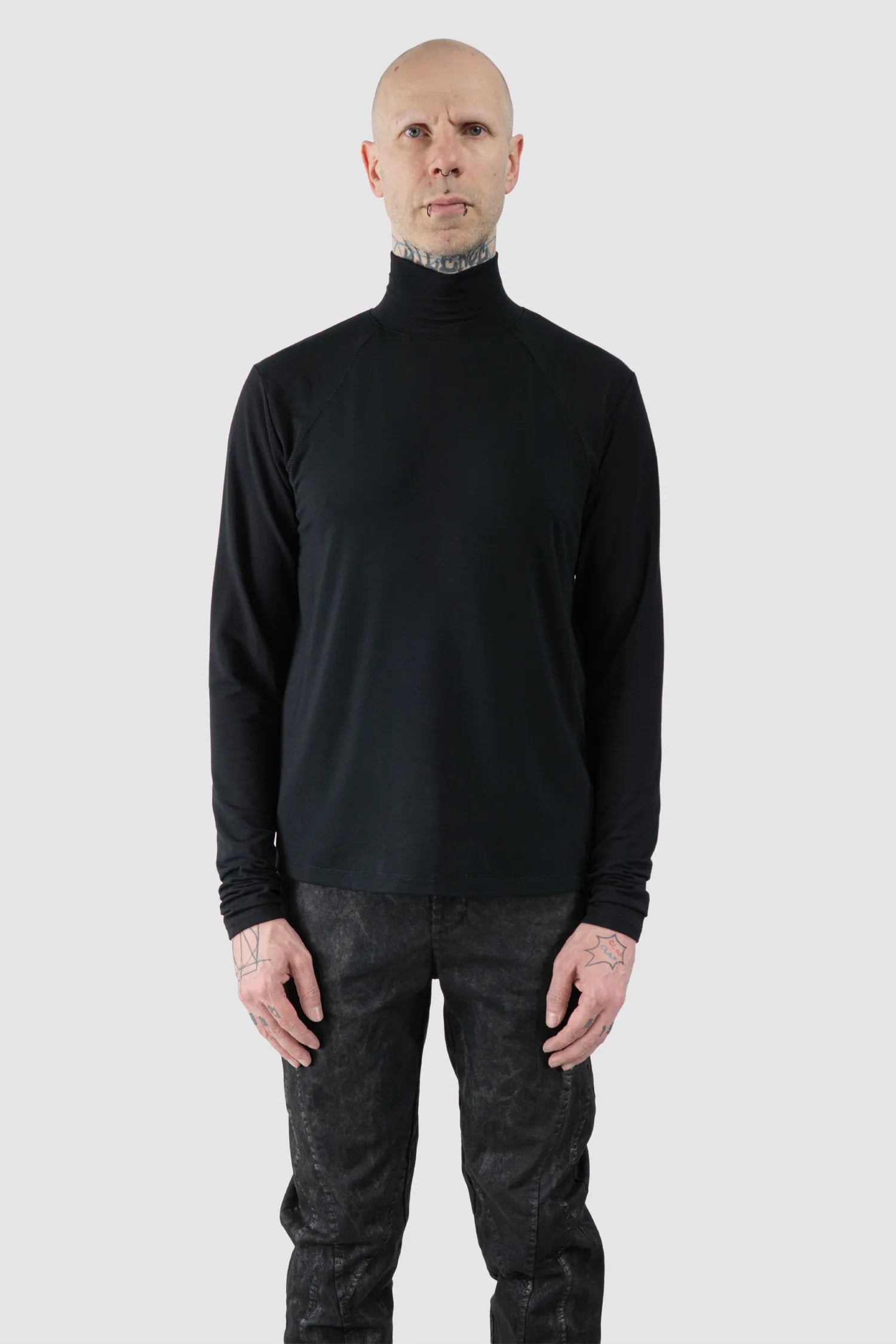 La Haine Inside Us - Men's Black Bamboo Turtleneck Sweater - model front view - MONO-KROM | Gallery