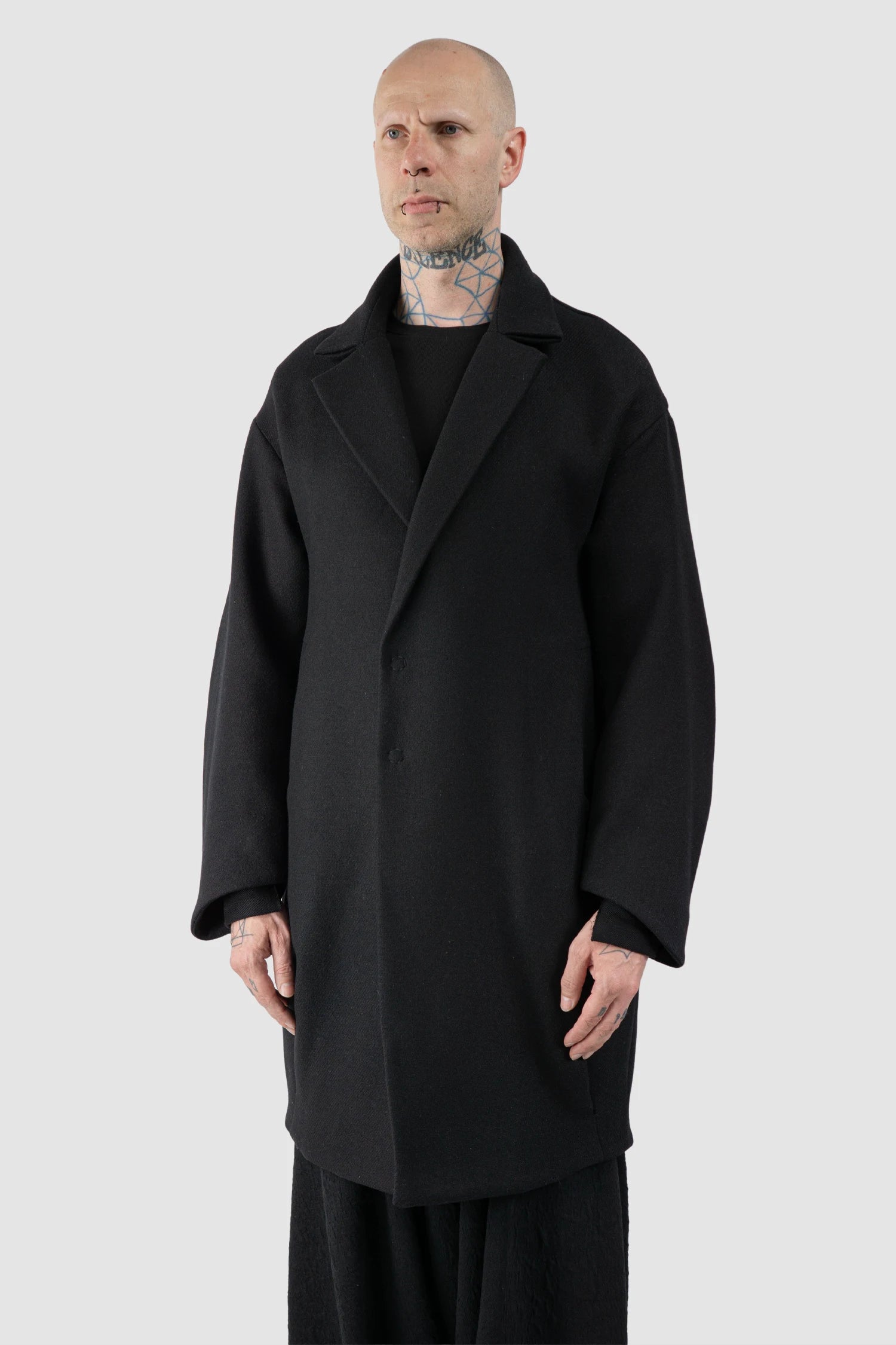 La Haine Inside Us - Men's Black Brushed Wool Blend Oversized Coat - model side view - MONO-KROM | Gallery