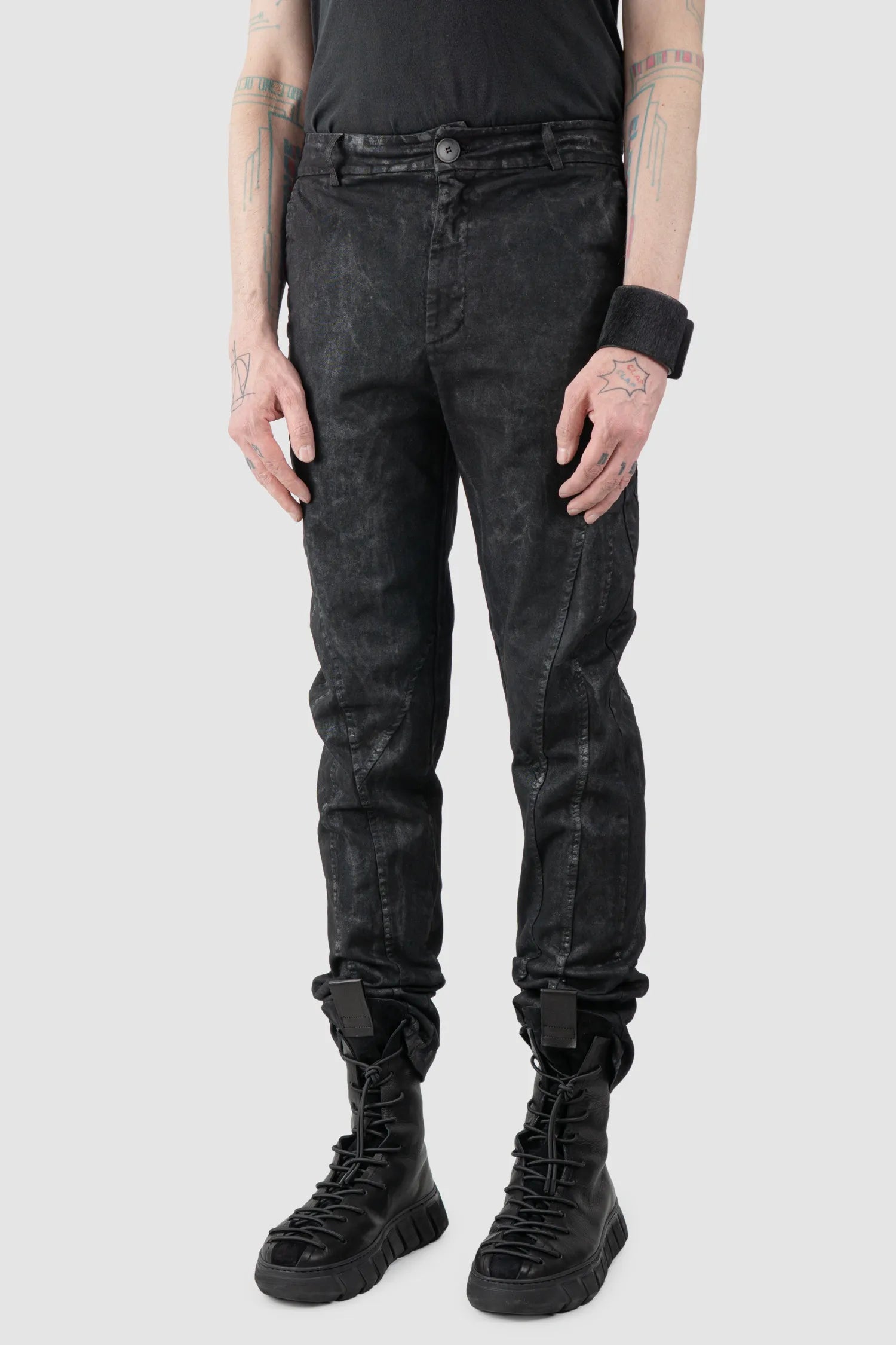 La Haine Inside Us - Men's Black Coated Stretch Denim Jeans - model front side view - MONO-KROM | Gallery