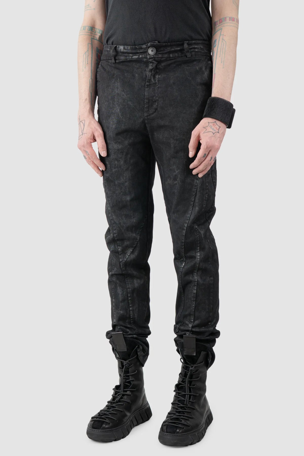 La Haine Inside Us - Men's Black Coated Stretch Denim Jeans - model front side view - MONO-KROM | Gallery