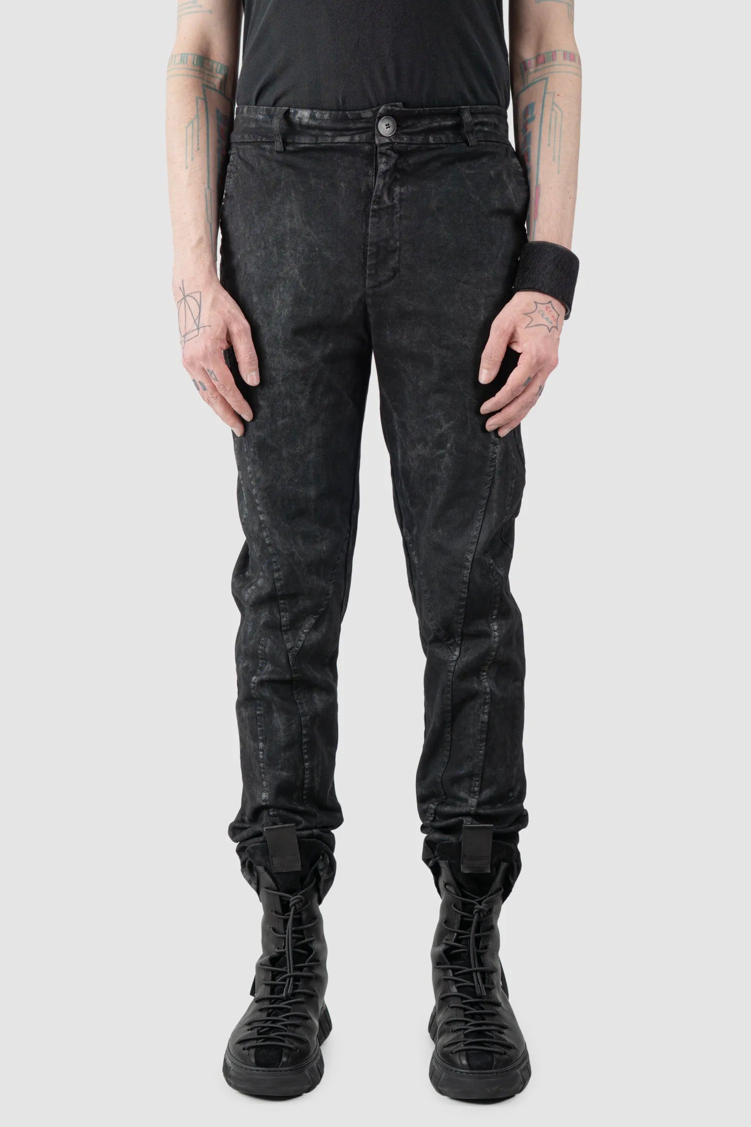 La Haine Inside Us - Men's Black Coated Stretch Denim Jeans - model front view - MONO-KROM | Gallery