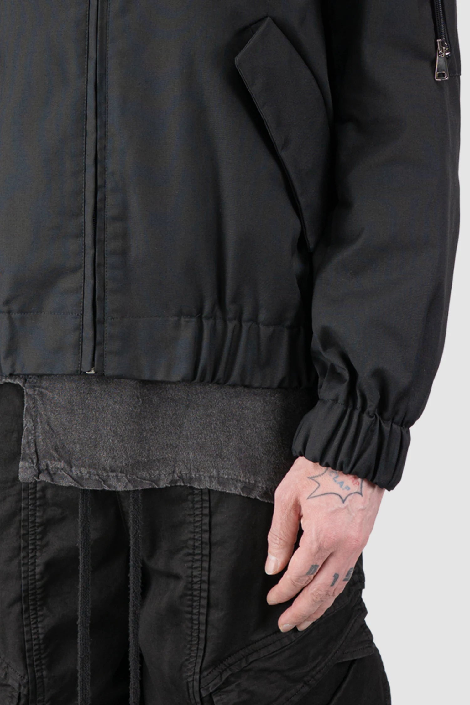 La Haine Inside Us - Men’s Black Cotton Blend Tech Bomber Jacket arm detail